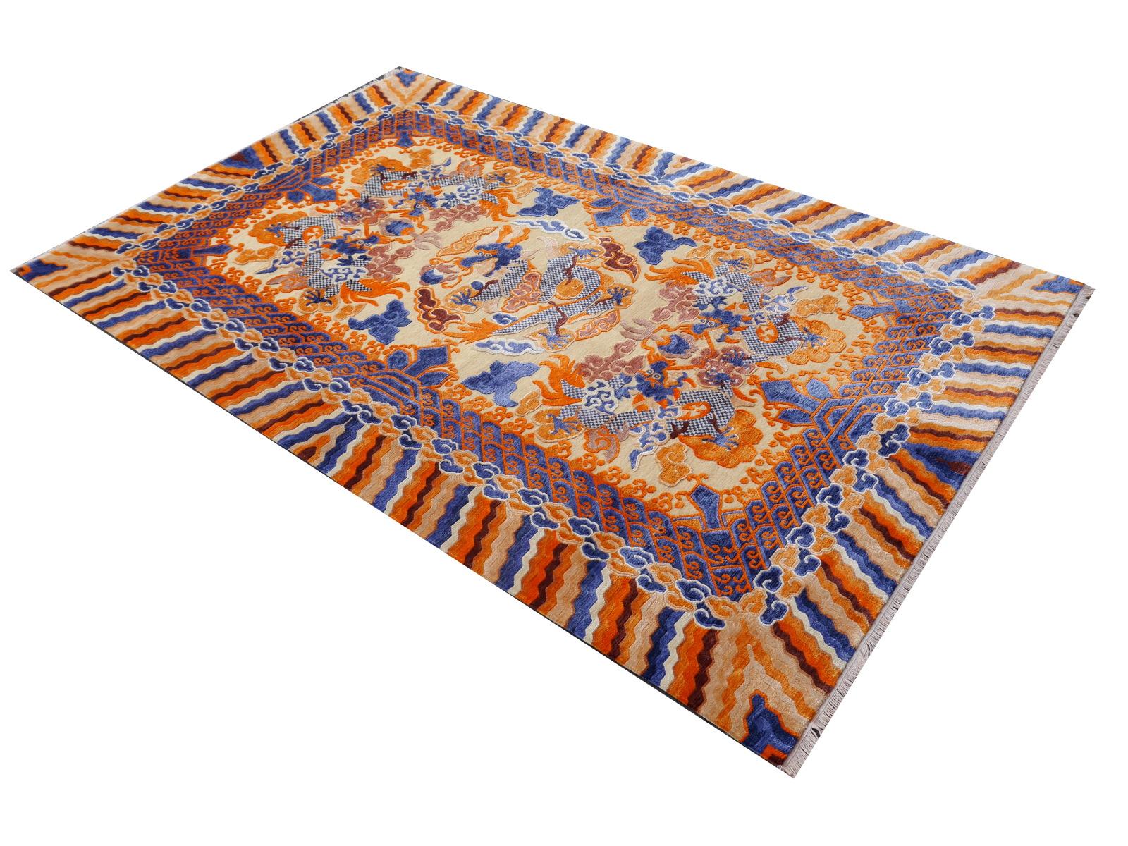 Khotan Dragon Design Rug Wool and Silk in Style of Chinese Kansu Carpets For Sale