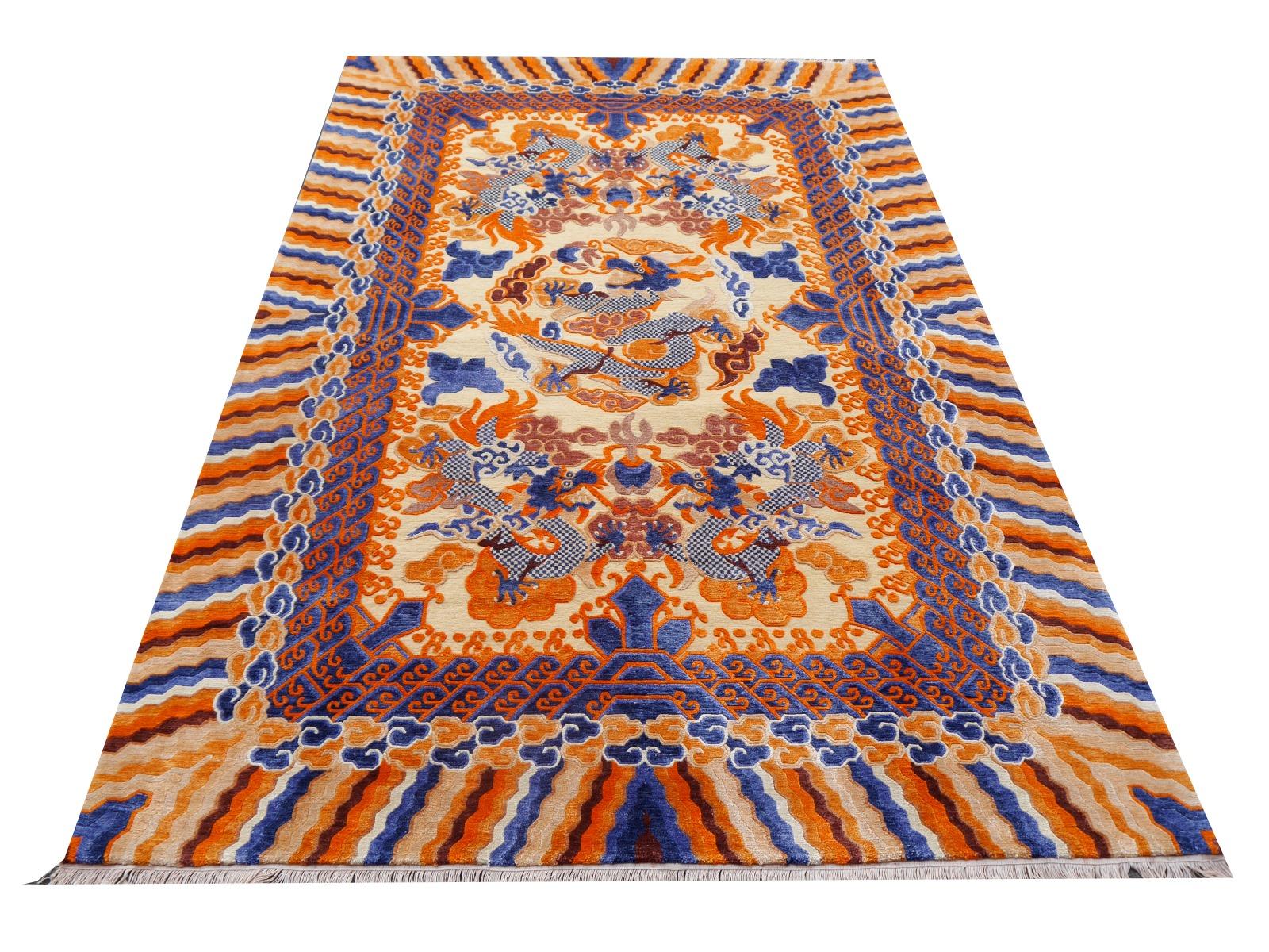 Hand-Knotted Dragon Design Rug Wool and Silk in Style of Chinese Kansu Carpets For Sale