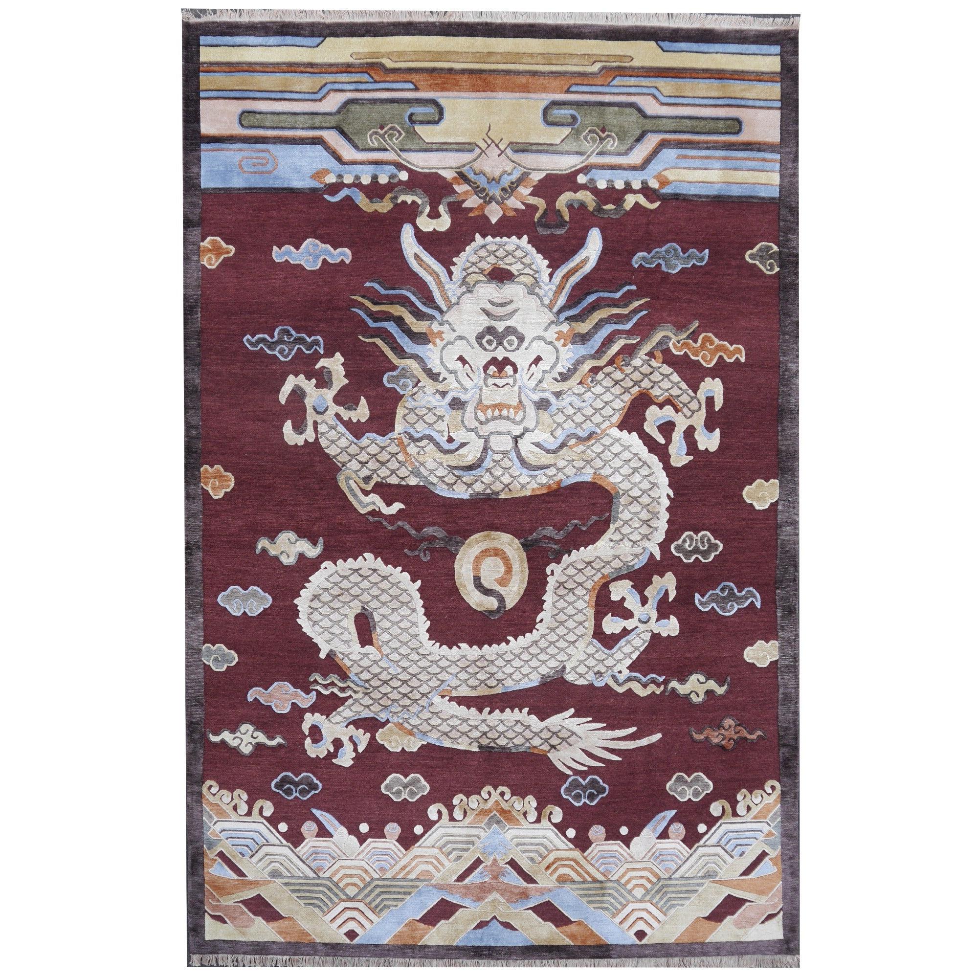 Dragon Design Rug Wool and Silk in Style of Chinese Kansu Carpets