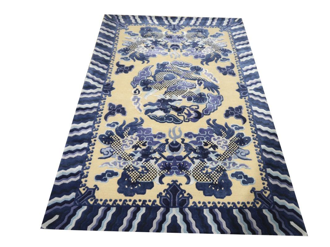 Dragon Design Rug Wool Silk Style of Chinese Imperial Kansu Carpet Blue Beige For Sale 2