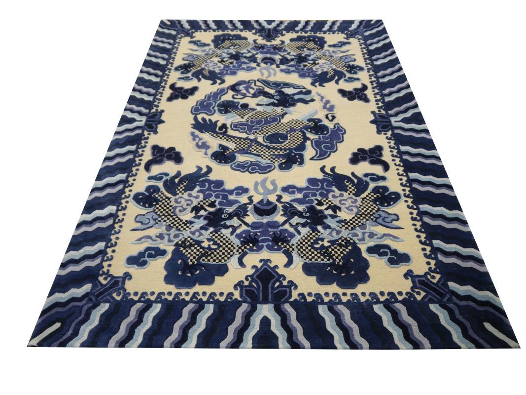Nepalese Dragon Design Rug Wool Silk Style of Chinese Imperial Kansu Carpet Blue Beige For Sale