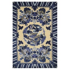Dragon Design Rug Wool Silk Style of Chinese Imperial Kansu Carpet Blue Beige