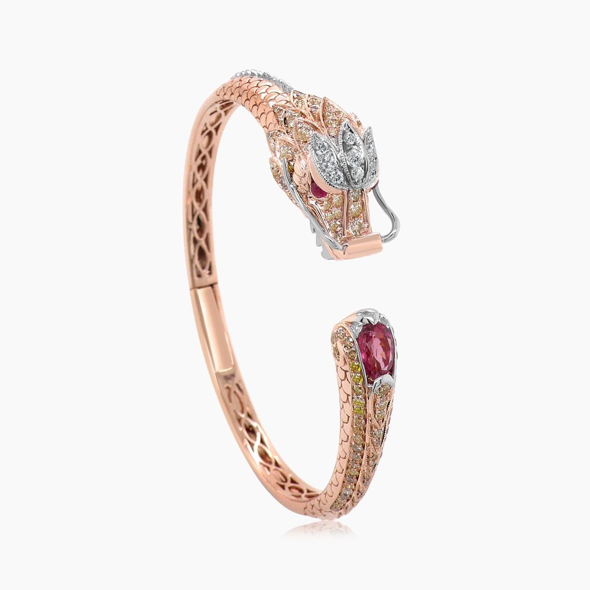 Dragon Diamond Pave Pink Tourmaline Ruby Rose White Gold Animal Bangle Bracelet In New Condition For Sale In Oakton, VA