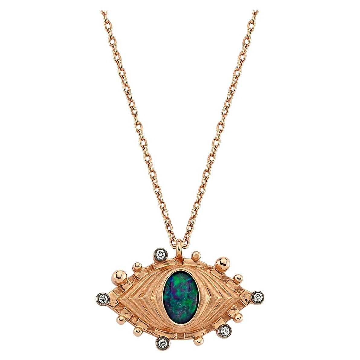 Dragon Eye Opal Necklace in 14k Yellow Gold with White Diamond For Sale