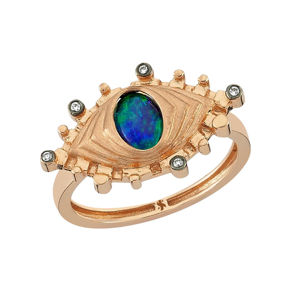 Dragon Eye Opal Ring in 14k Rose Gold with White Diamond