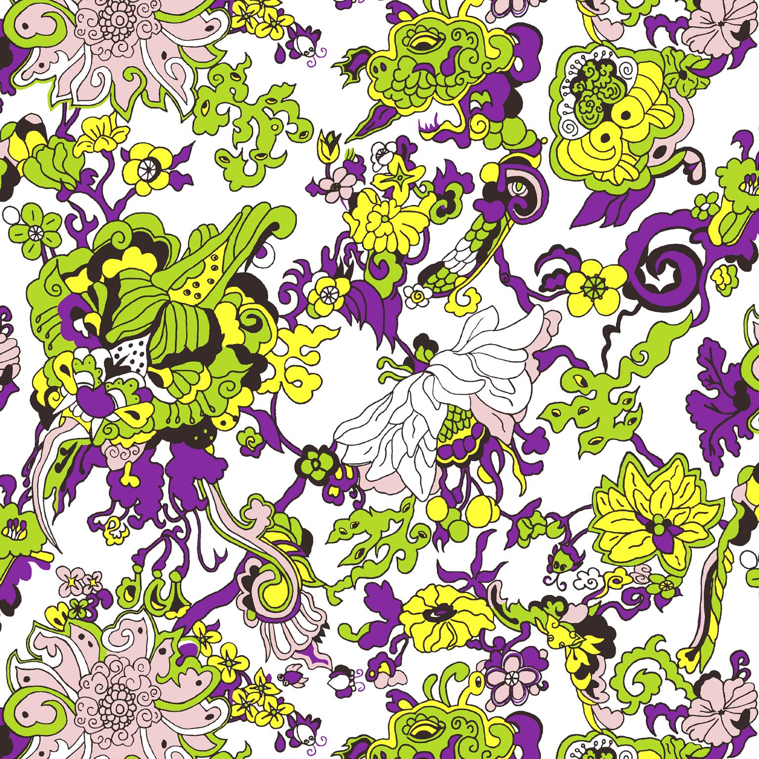 Inspired by tattoo art and 1970s fabric, Dragon Flowers was born. This psychedelic combination of imaginative shapes, flowers, and creatures was hand drawn and painted with gouache.
Sold by the roll
Roll size: 45” wide by 9’ long (comes in 54”