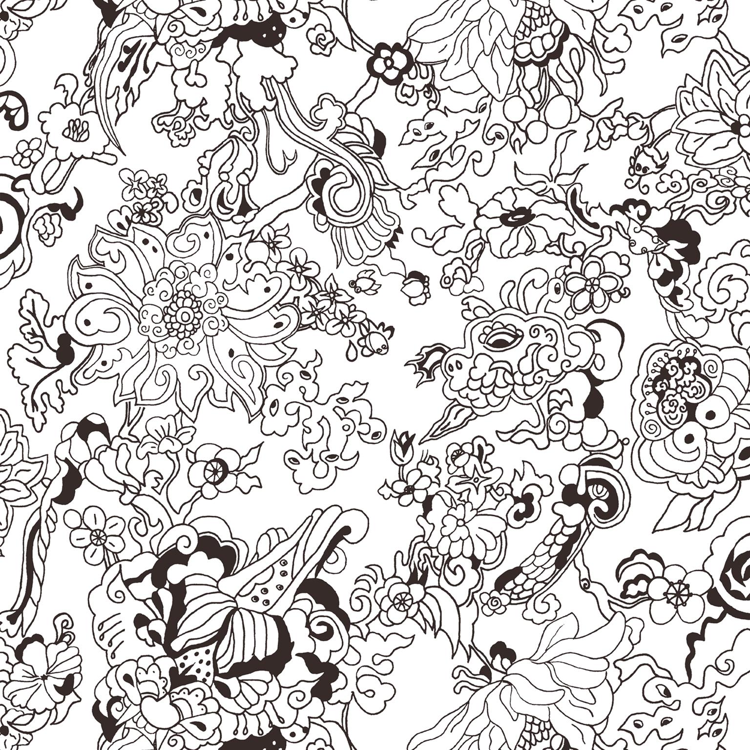 Post-Modern 'Dragon Flowers' Indian Fresh on Smooth Wallpaper For Sale