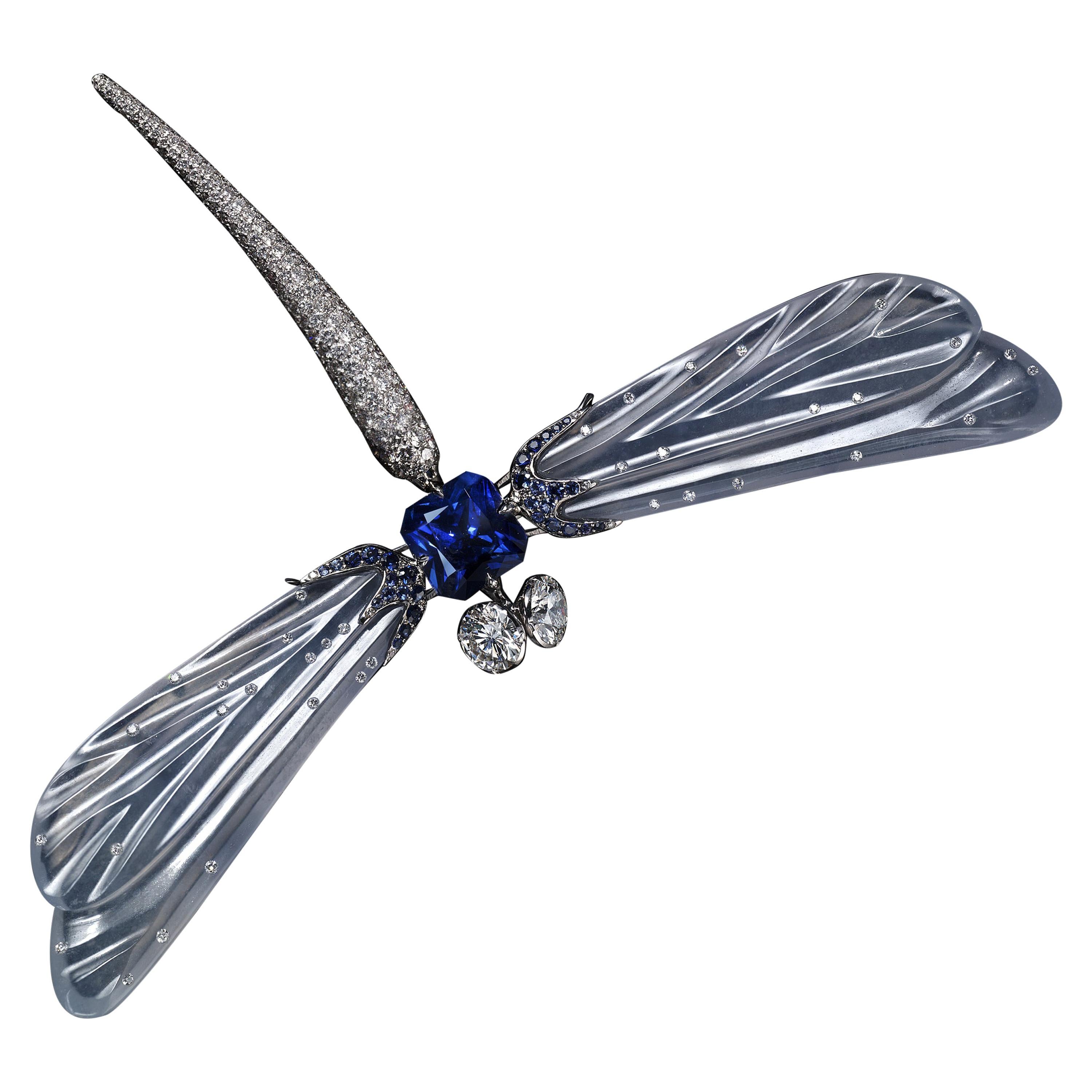 "Dragon Fly" Grayish Blue Jade, Sapphire and Diamond Brooch For Sale