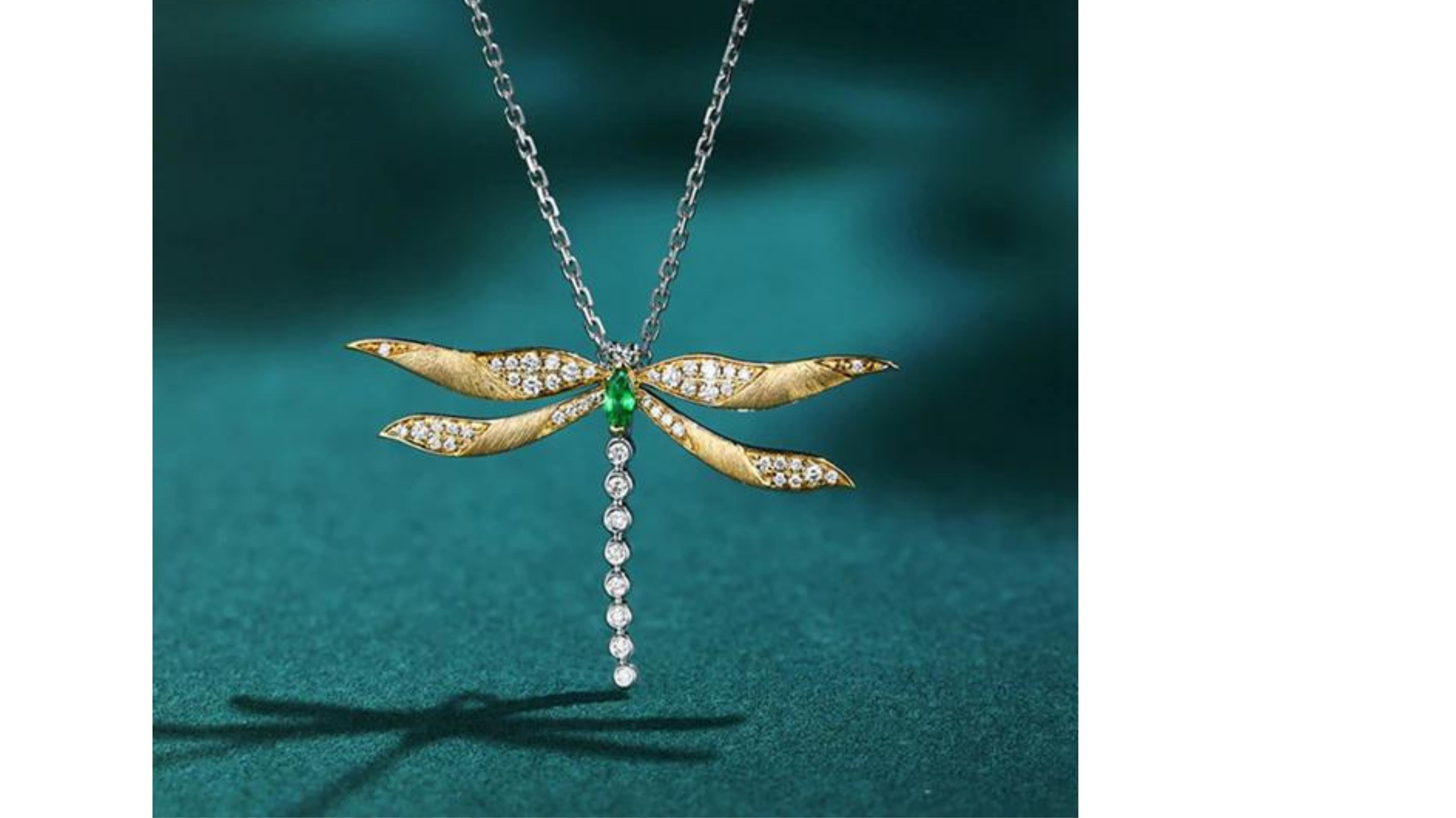 
Dragon Fly Tsavorite Necklace has  50 white diamonds and you can have it in white or  gold too . Also you can have it with other stones too if you wish.

 Although named after the Tsavo East National Park in Kenya, tsavorite (sometimes called