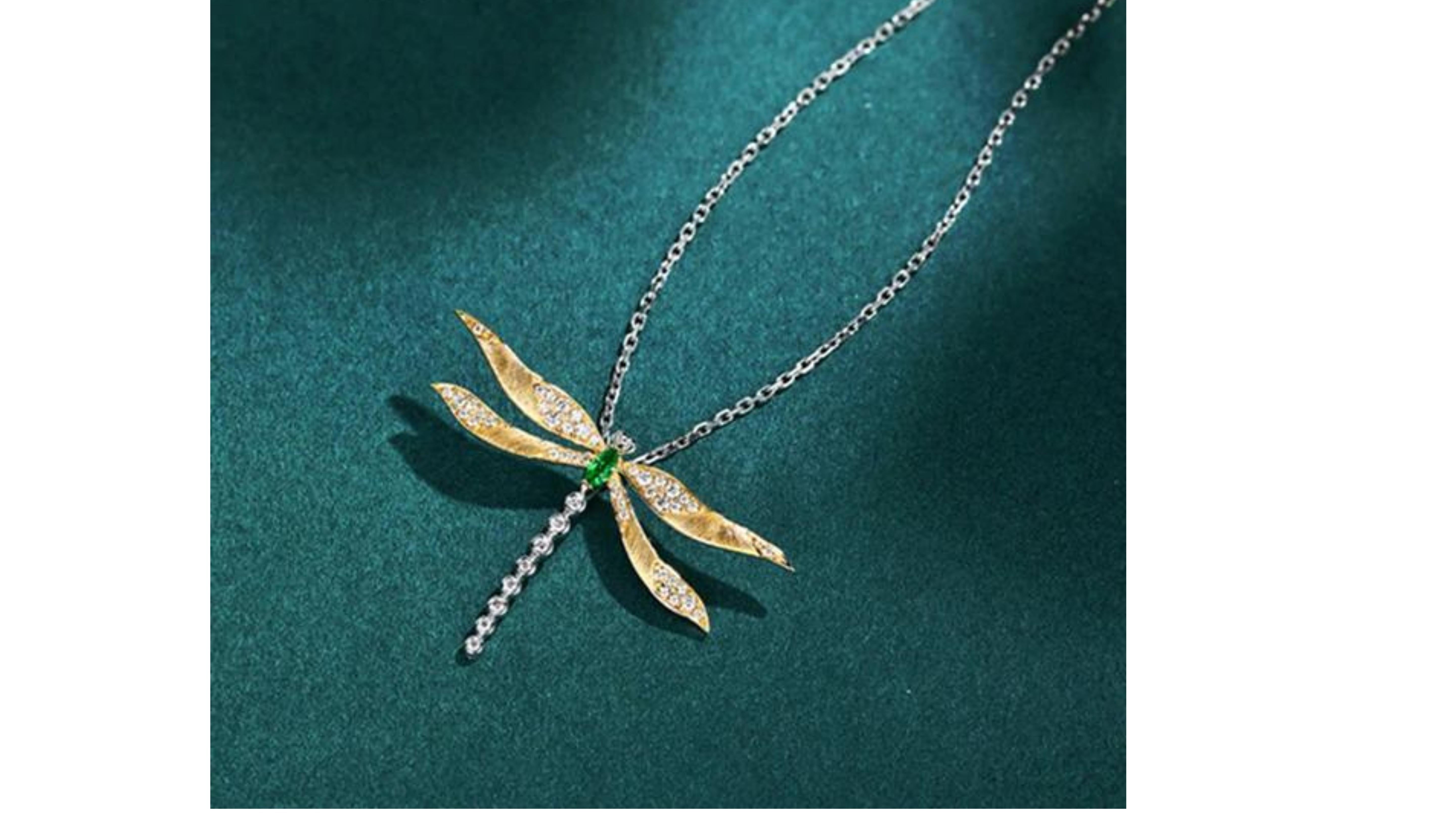 Contemporary Dragon Fly Tsavorite Diamond Necklace 14 Karat Gold For Sale