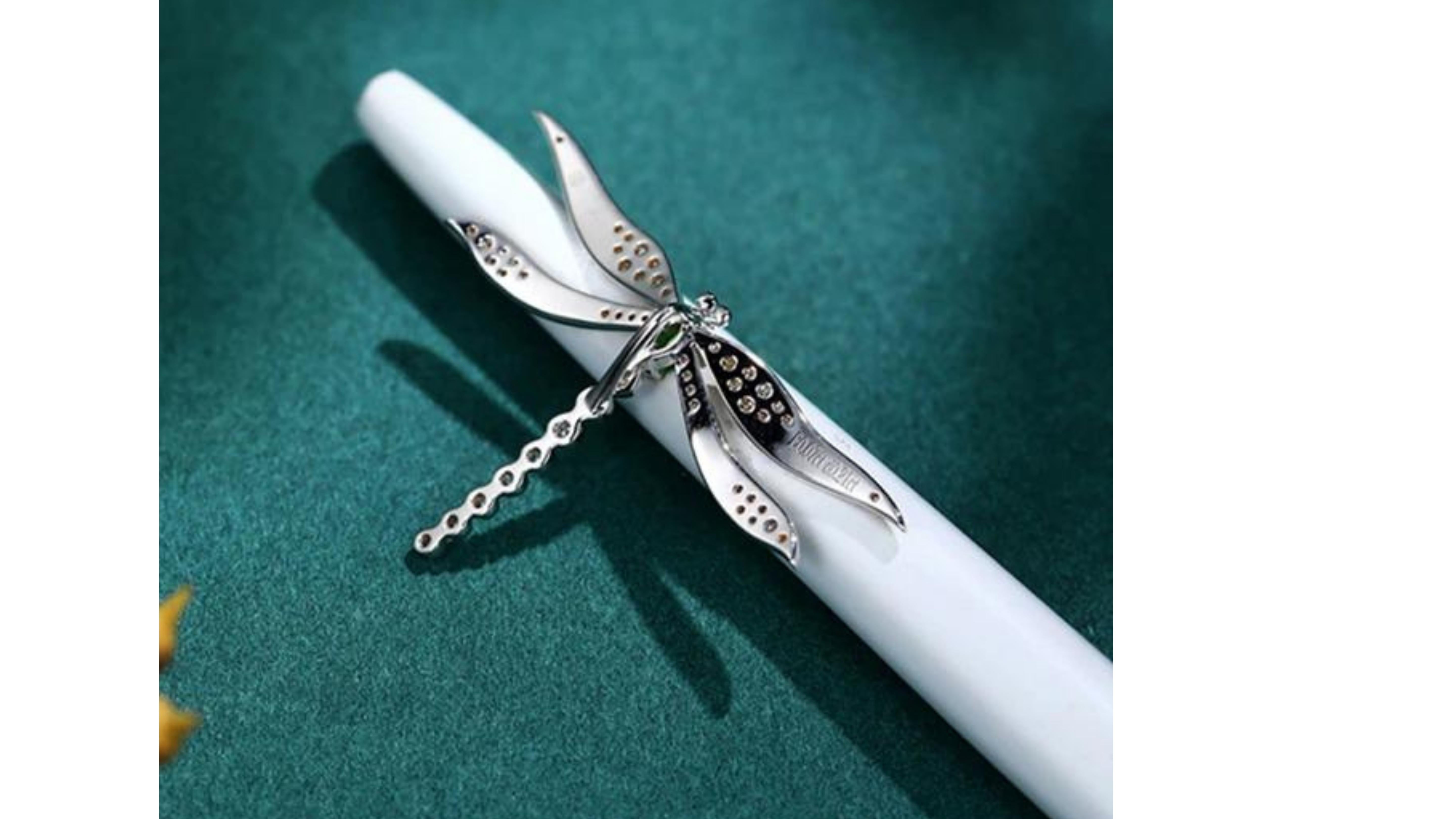Marquise Cut Dragon Fly Tsavorite Diamond Necklace 14 Karat Gold For Sale
