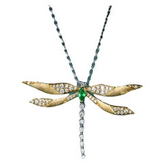 Dragon Fly Tsavorite Diamond Necklace 14 Karat Gold