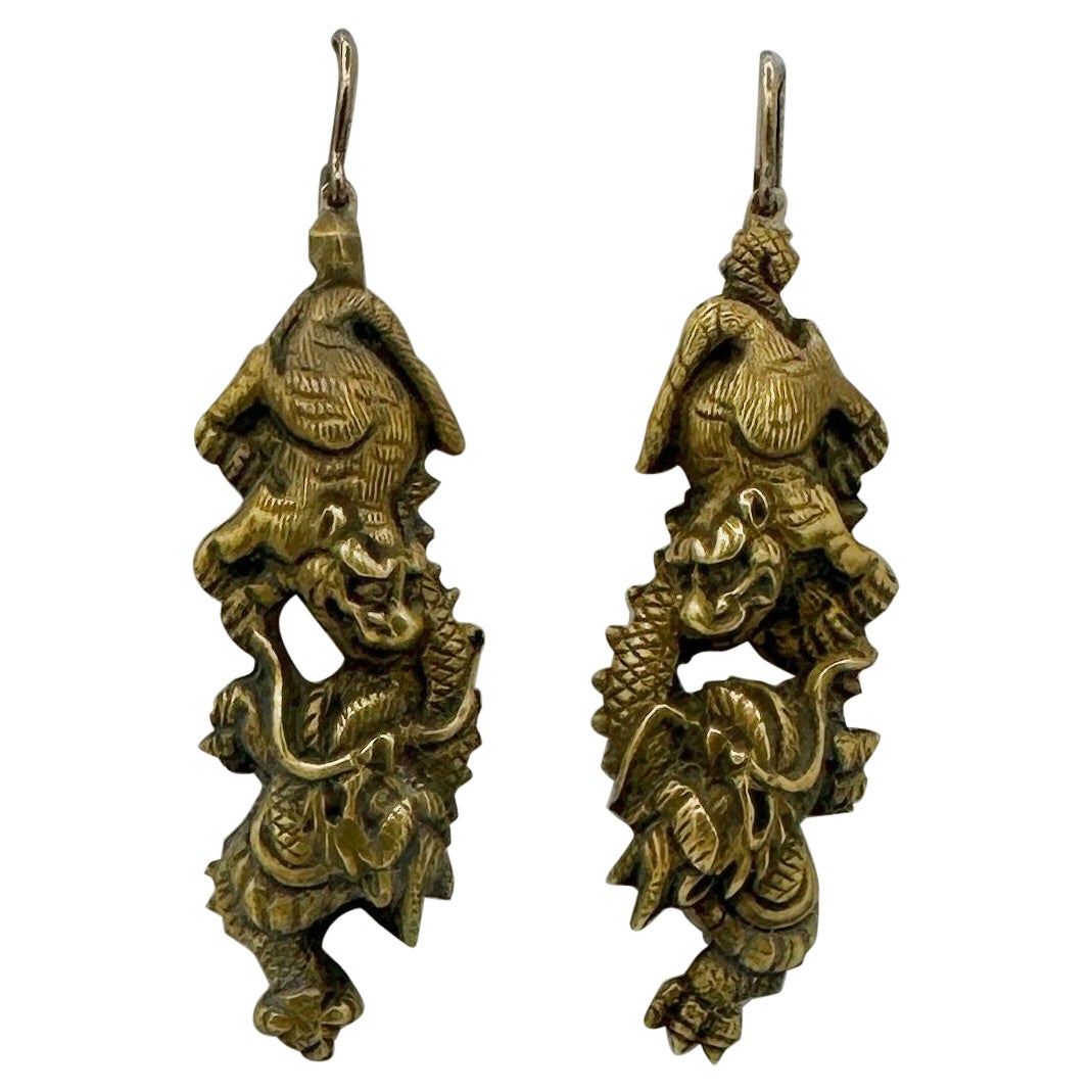Orecchini Dragon Foo Dog Shakudo Guerriero Samurai Giappone Oro 14 Carati Vittoriano in vendita