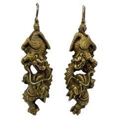 Dragon Foo Dog Shakudo Earrings Samurai Warrior Japan 14 Karat Gold Victorian