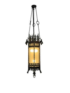 Gothic Revival Iron & Glass Dragon Pendant Theatre Chandelier A Pair