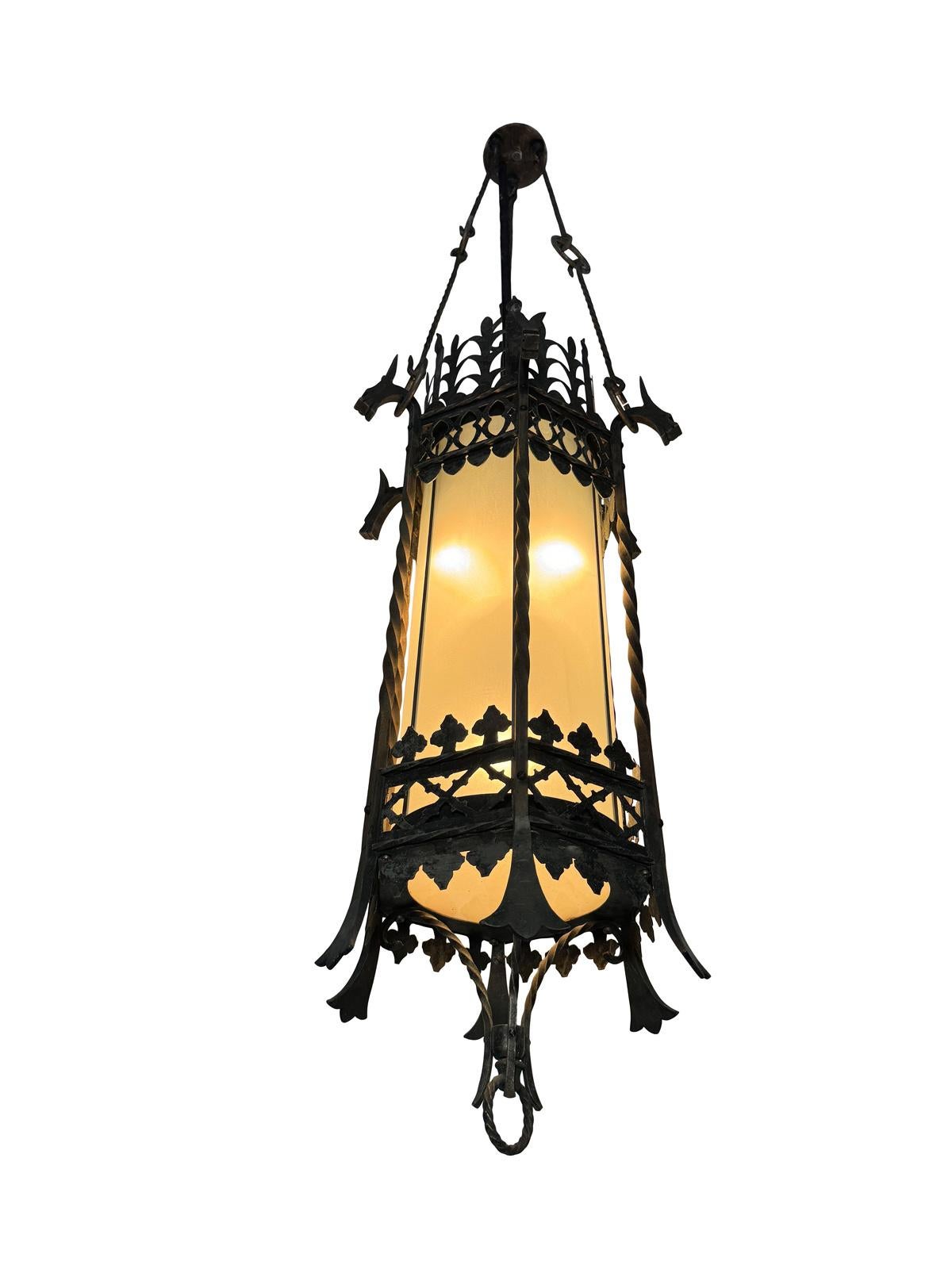 American Gothic Revival Iron & Glass Dragon Pendant Theatre Chandelier A Pair For Sale