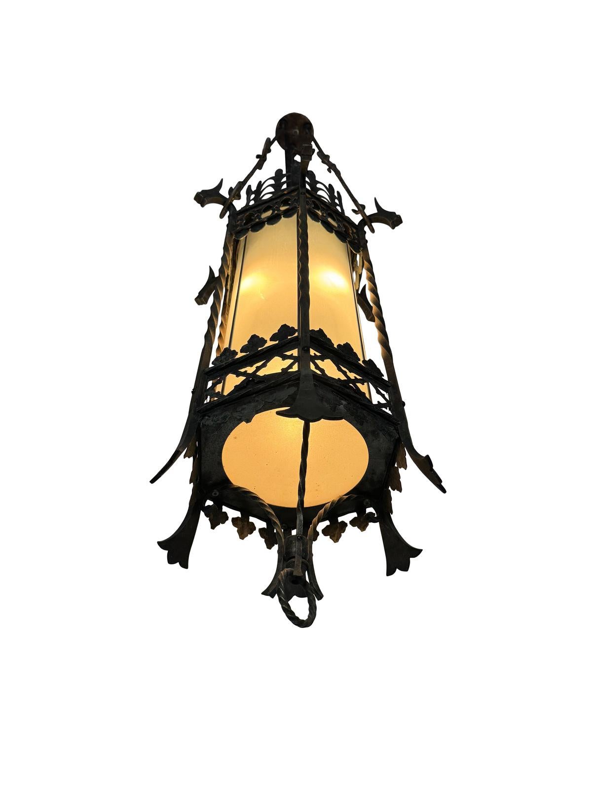 Gothic Revival Iron & Glass Dragon Pendant Theatre Chandelier A Pair In Good Condition For Sale In Bensalem, PA