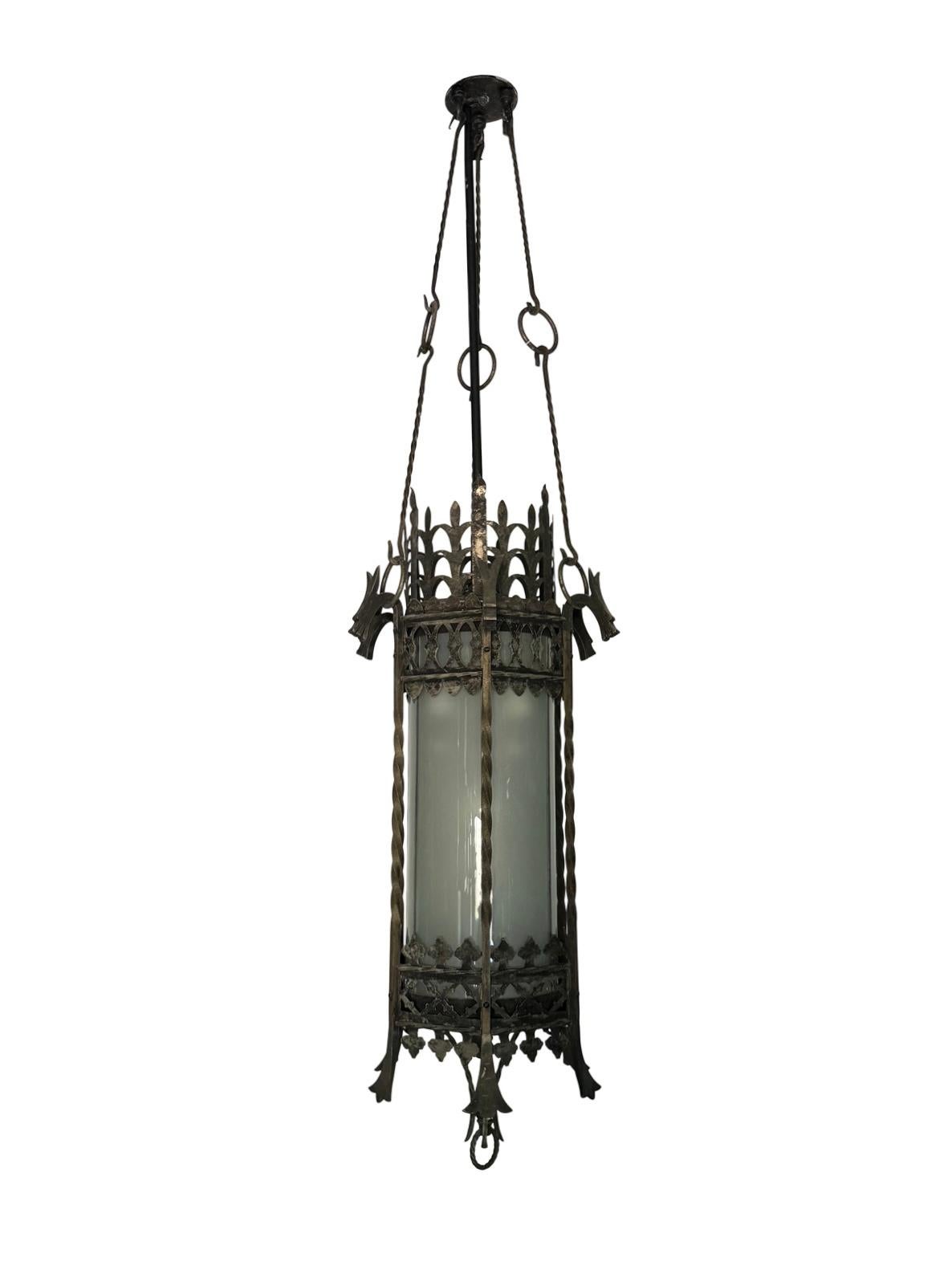 Mid-20th Century Gothic Revival Iron & Glass Dragon Pendant Theatre Chandelier A Pair For Sale