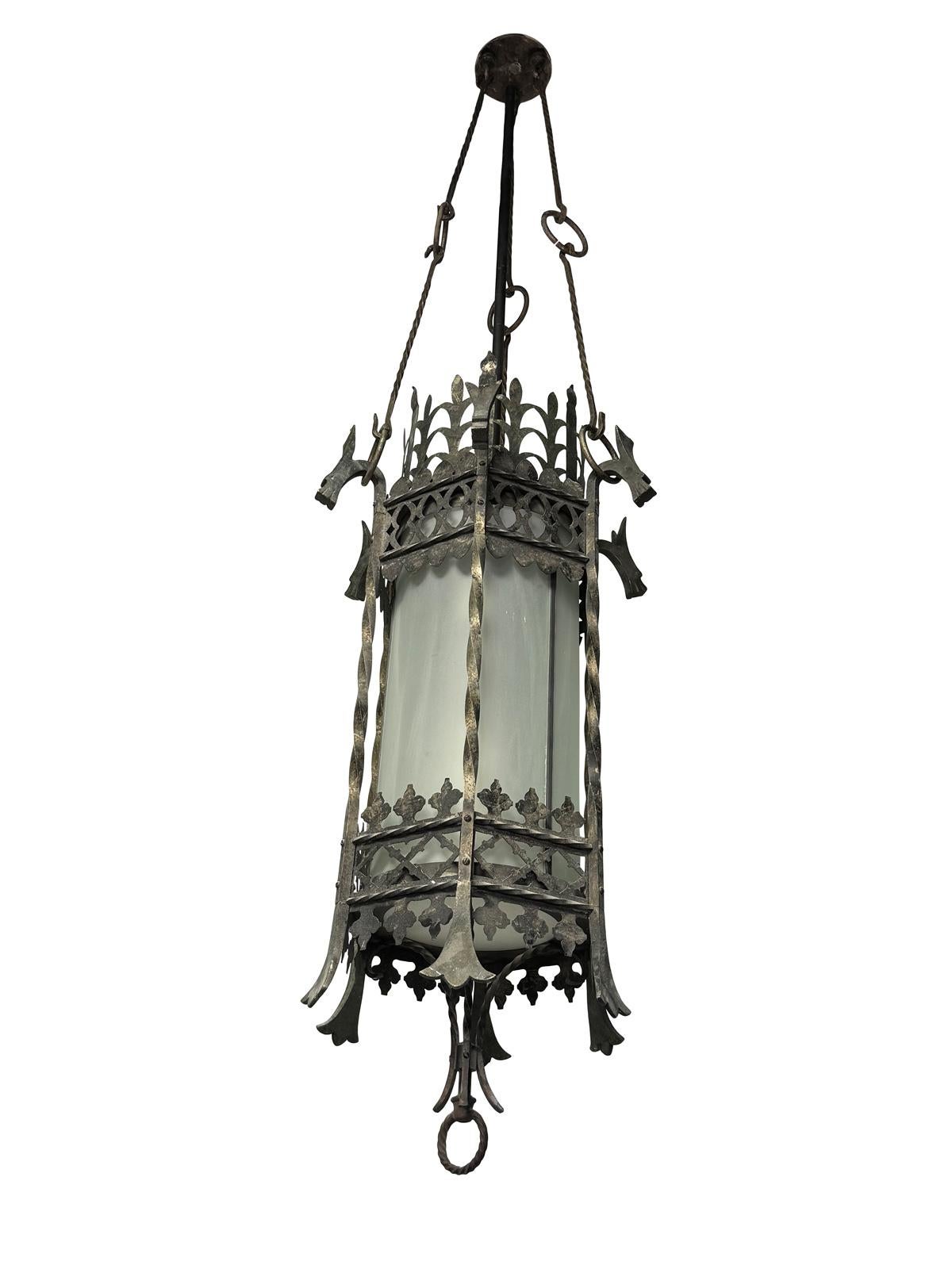 Wrought Iron Gothic Revival Iron & Glass Dragon Pendant Theatre Chandelier A Pair For Sale