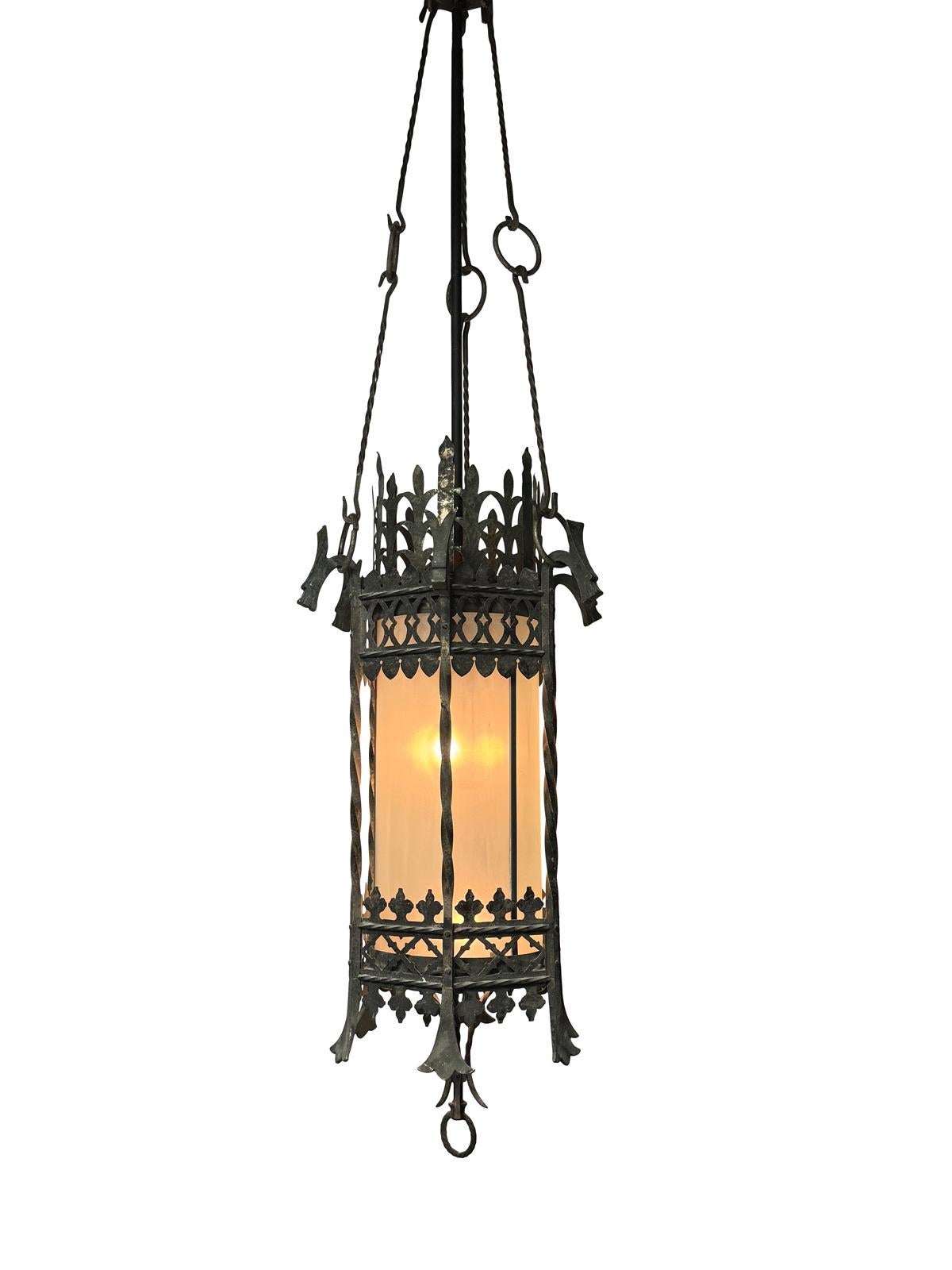 Gothic Revival Iron & Glass Dragon Pendant Theatre Chandelier A Pair For Sale 1