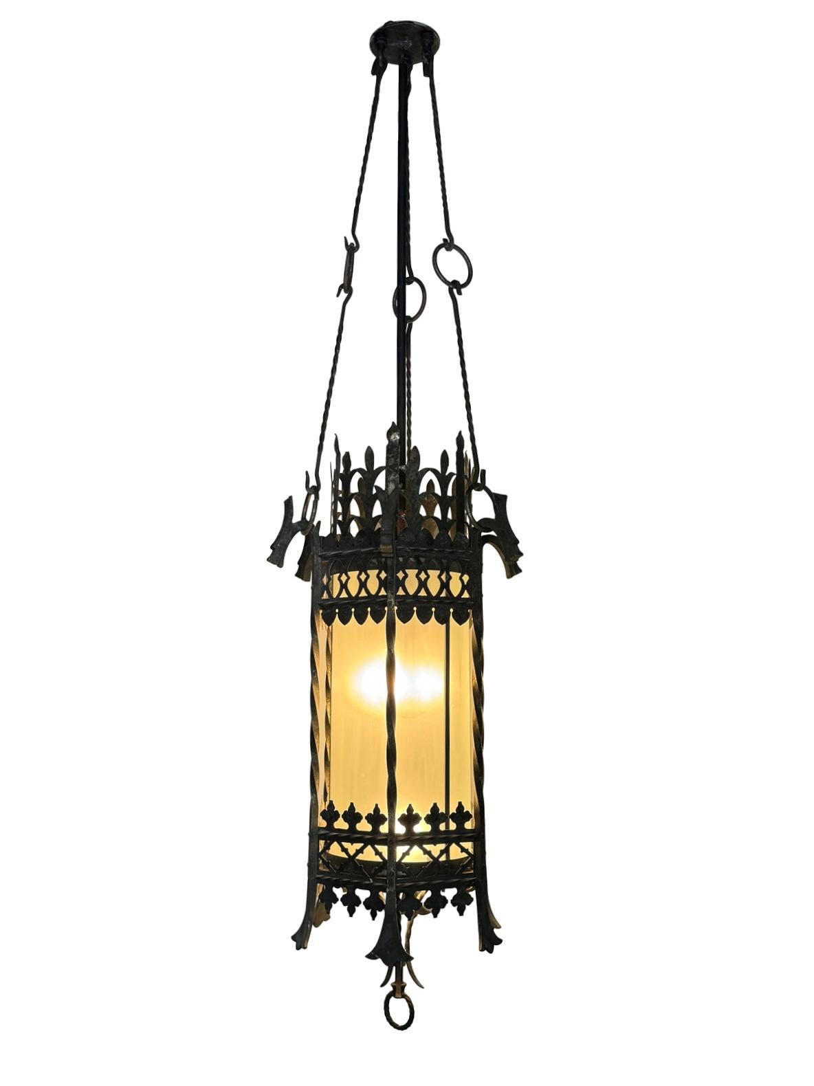 Gothic Revival Iron & Glass Dragon Pendant Theatre Chandelier A Pair For Sale 2