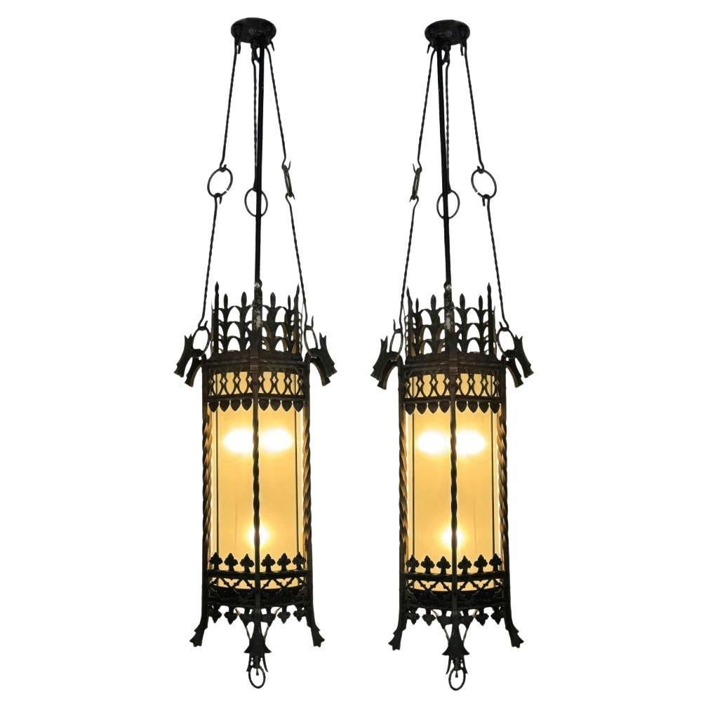 Gothic Revival Iron & Glass Dragon Pendant Theatre Chandelier A Pair