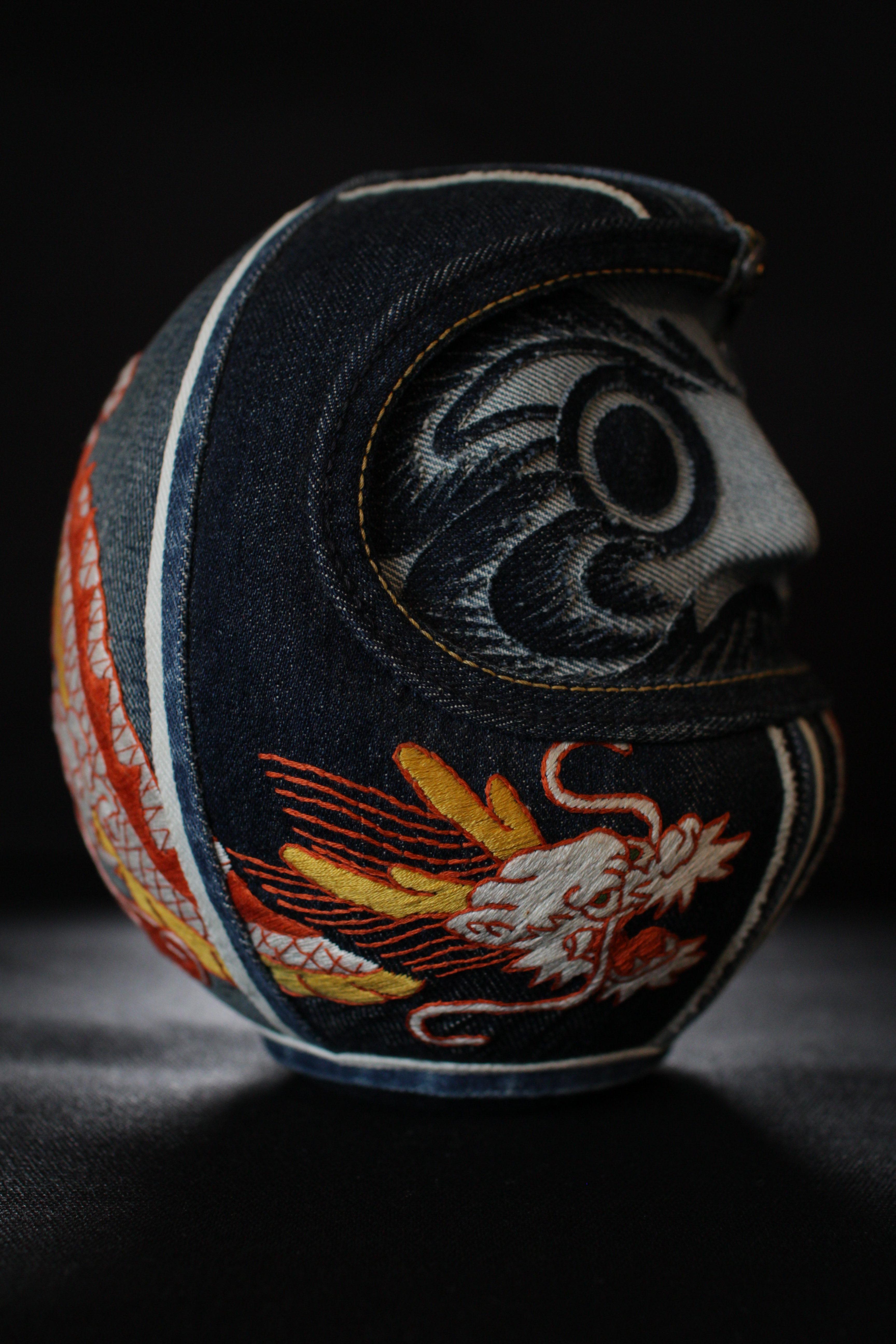 Japanese Dragon Hand Embroidery Denim Daruma For Sale