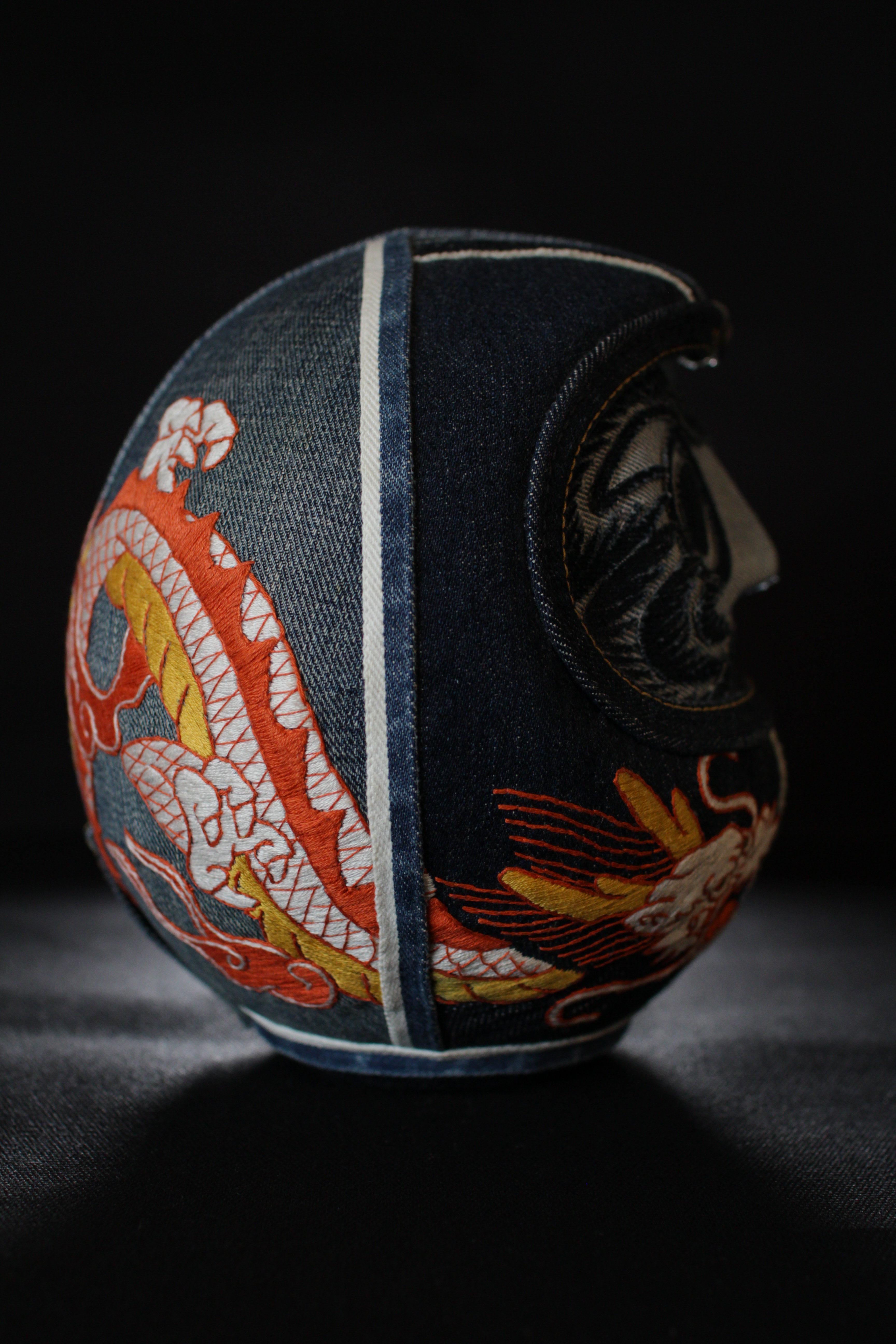 Hand-Crafted Dragon Hand Embroidery Denim Daruma For Sale