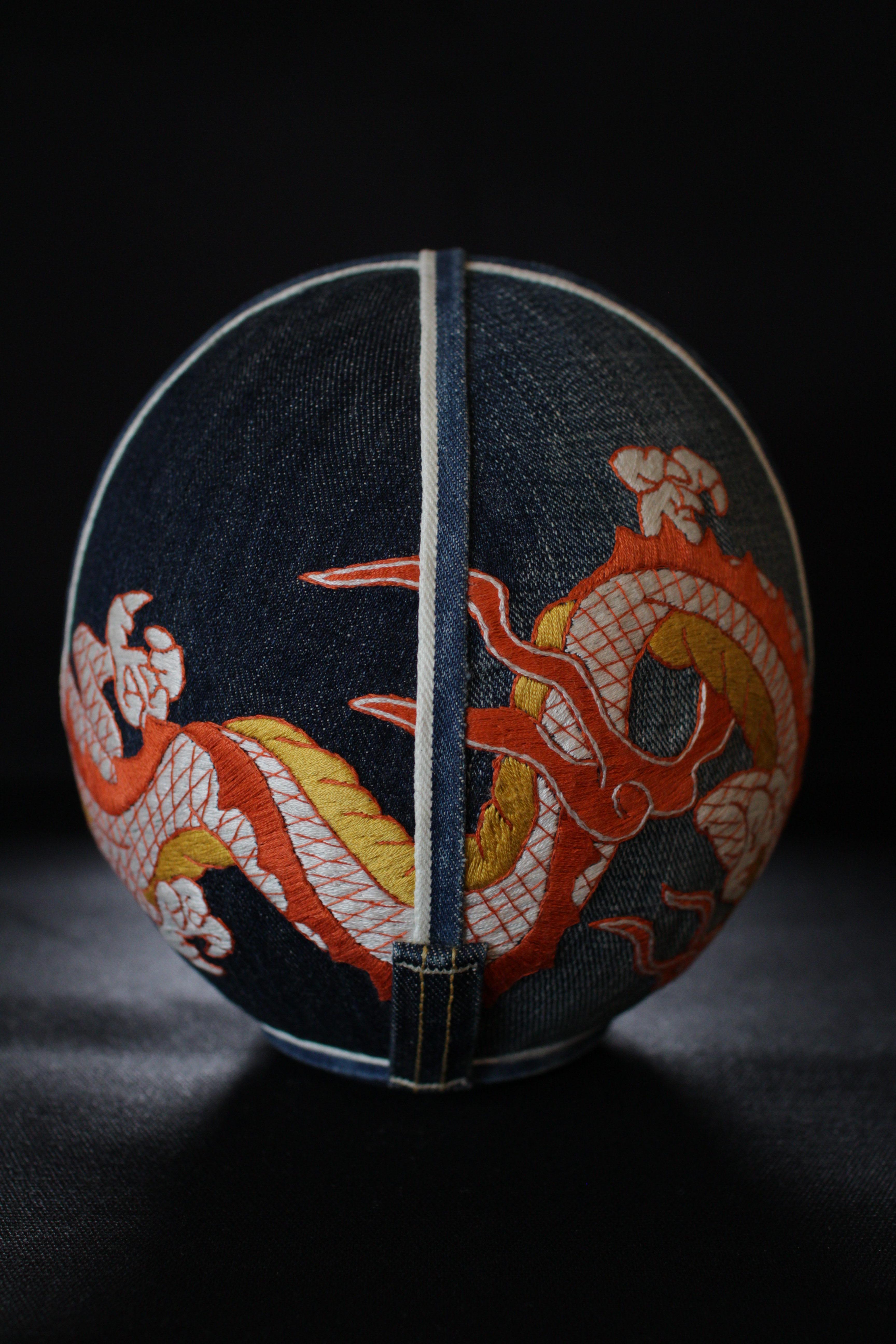 Contemporary Dragon Hand Embroidery Denim Daruma For Sale