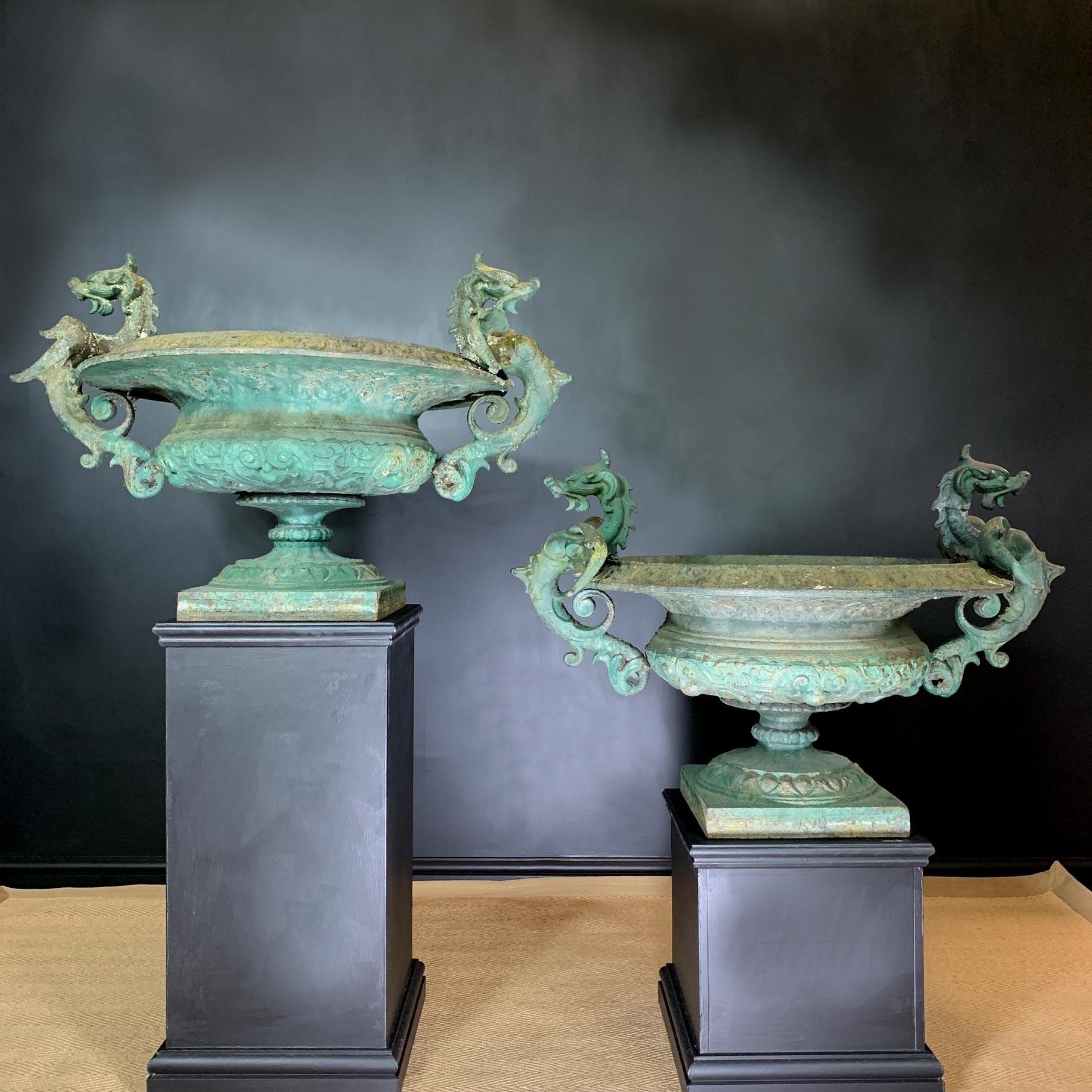 Dragon Handled French Green Cast Iron Tazza Urns 7