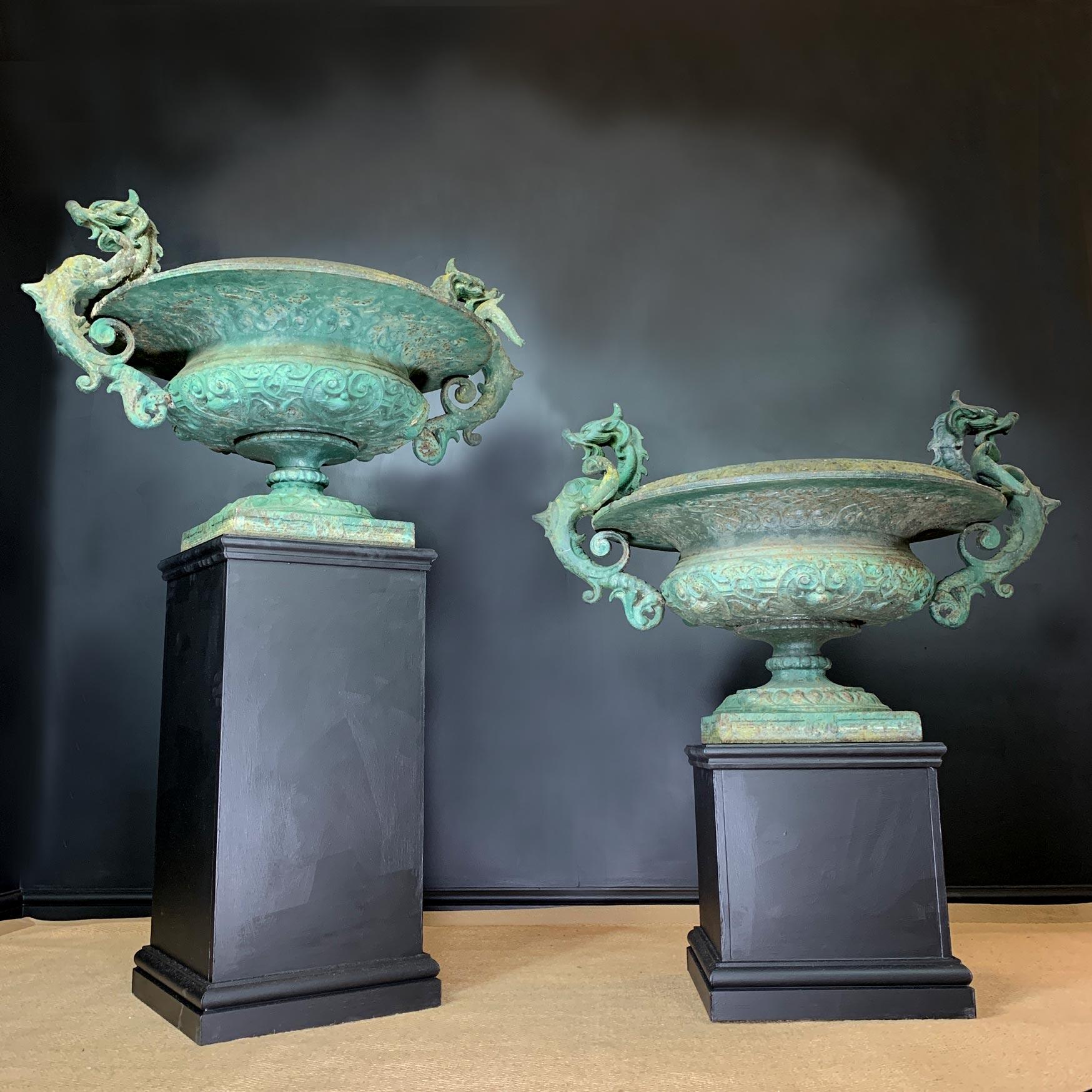 Dragon Handled French Green Cast Iron Tazza Urns 11