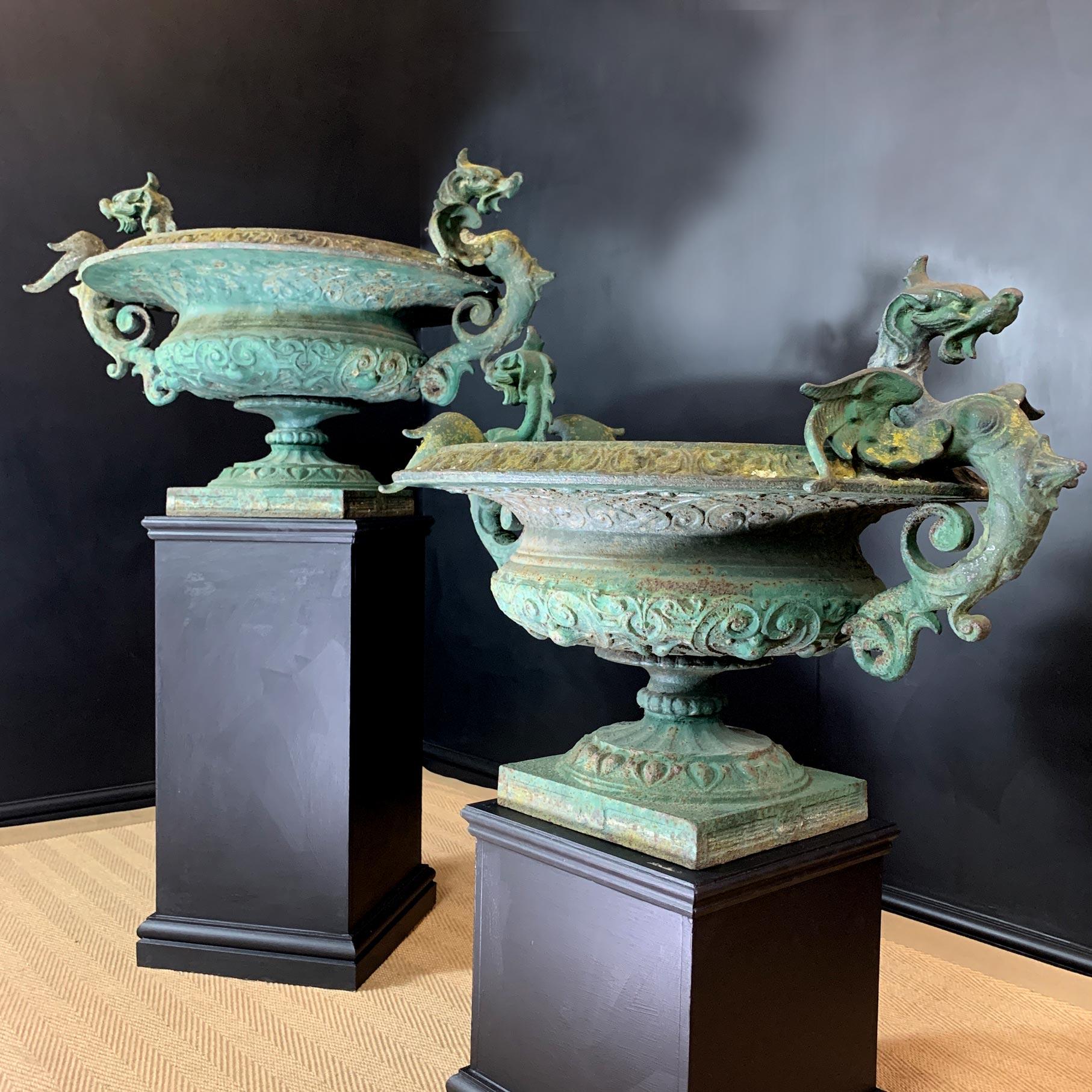 Dragon Handled French Green Cast Iron Tazza Urns 2