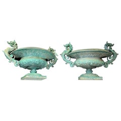 Dragon Handled French Green Cast Iron Tazza Urns