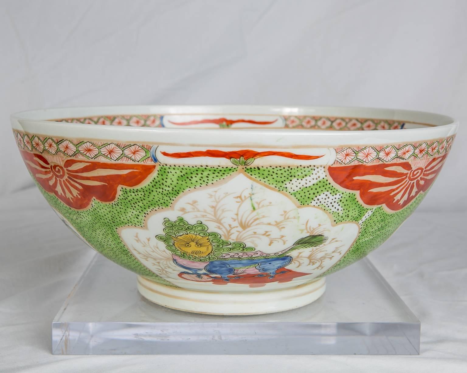 Hand-Painted Dragons in Compartments Porcelain Punch Bowl Made, circa 1880