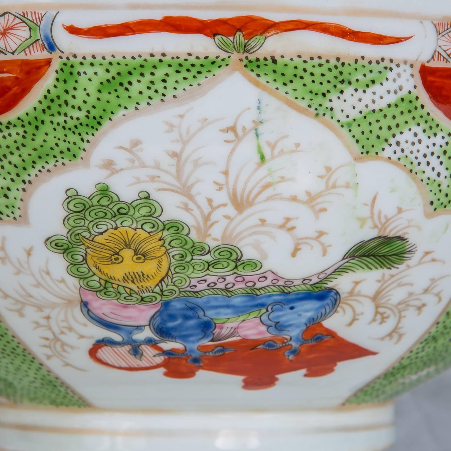 Dragons in Compartments Porcelain Punch Bowl Made, circa 1880 In Excellent Condition In Katonah, NY