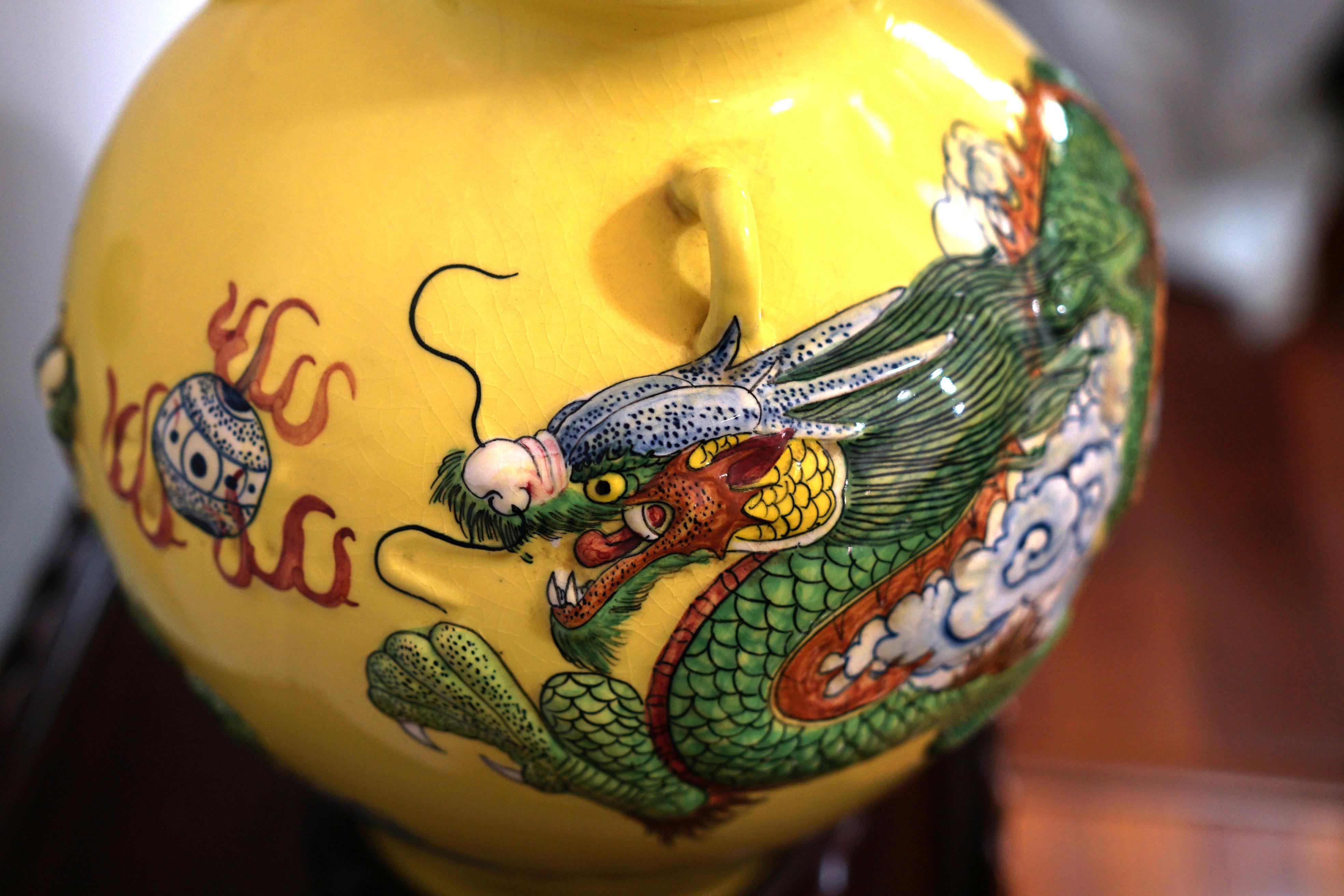 Dragon in Flight through Clouds on Large Yellow Jar For Sale 3