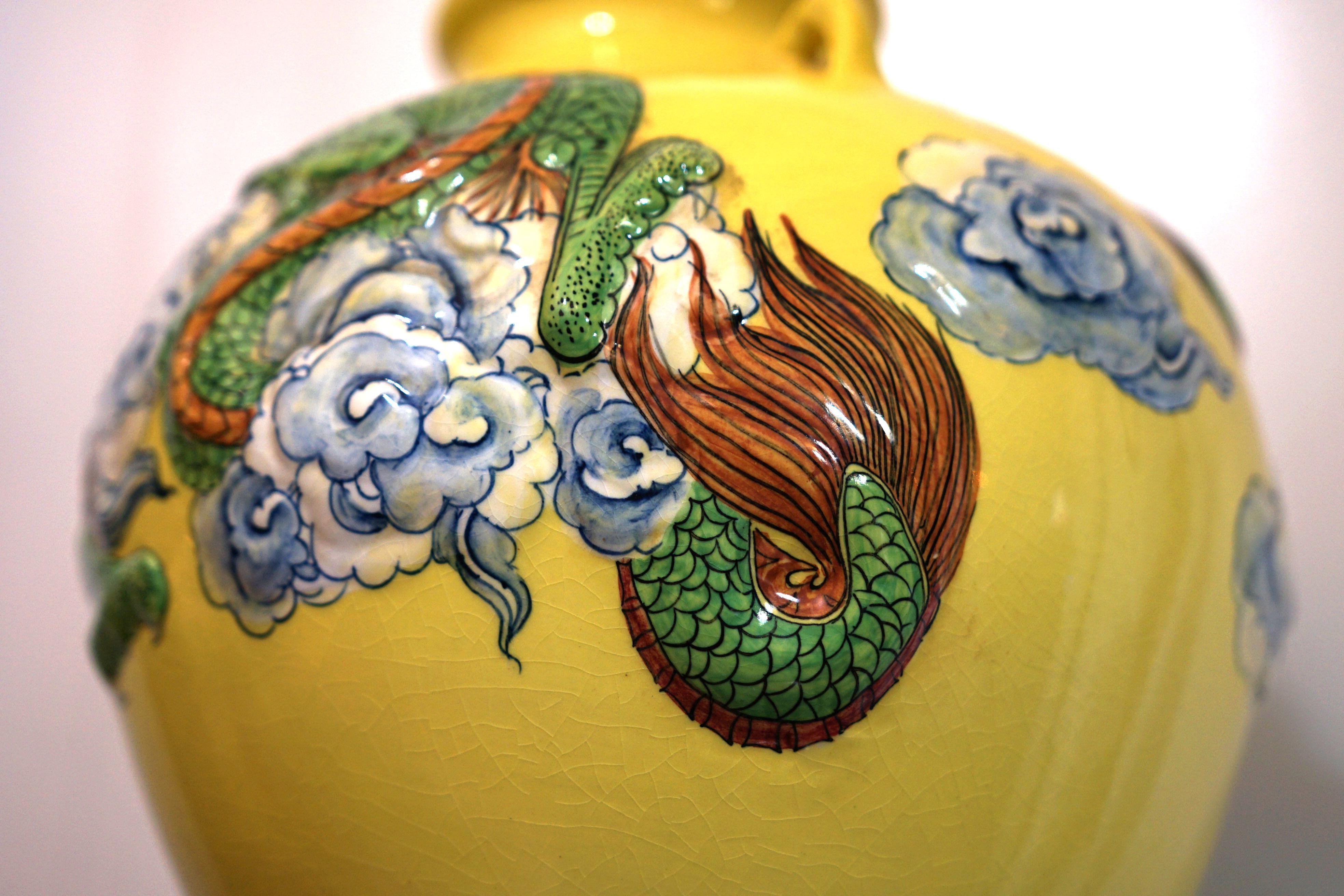 Dragon in Flight through Clouds on Large Yellow Jar For Sale 4