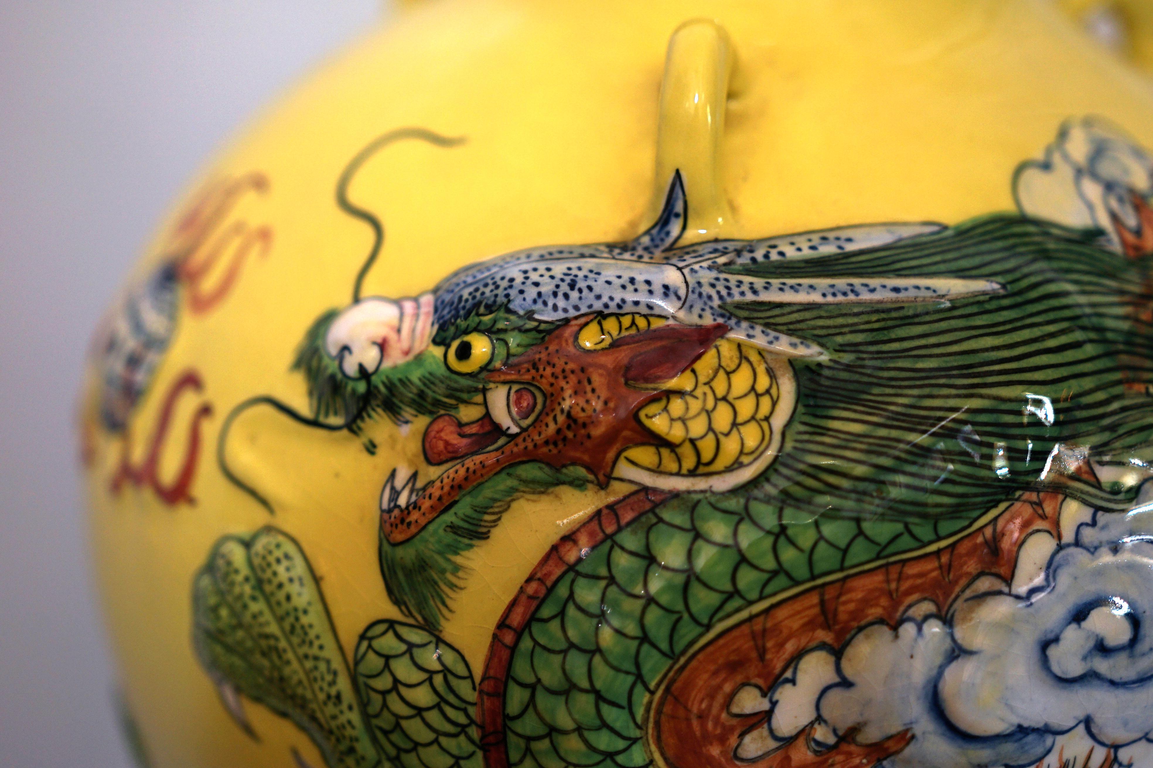 Dragon in Flight through Clouds on Large Yellow Jar For Sale 6