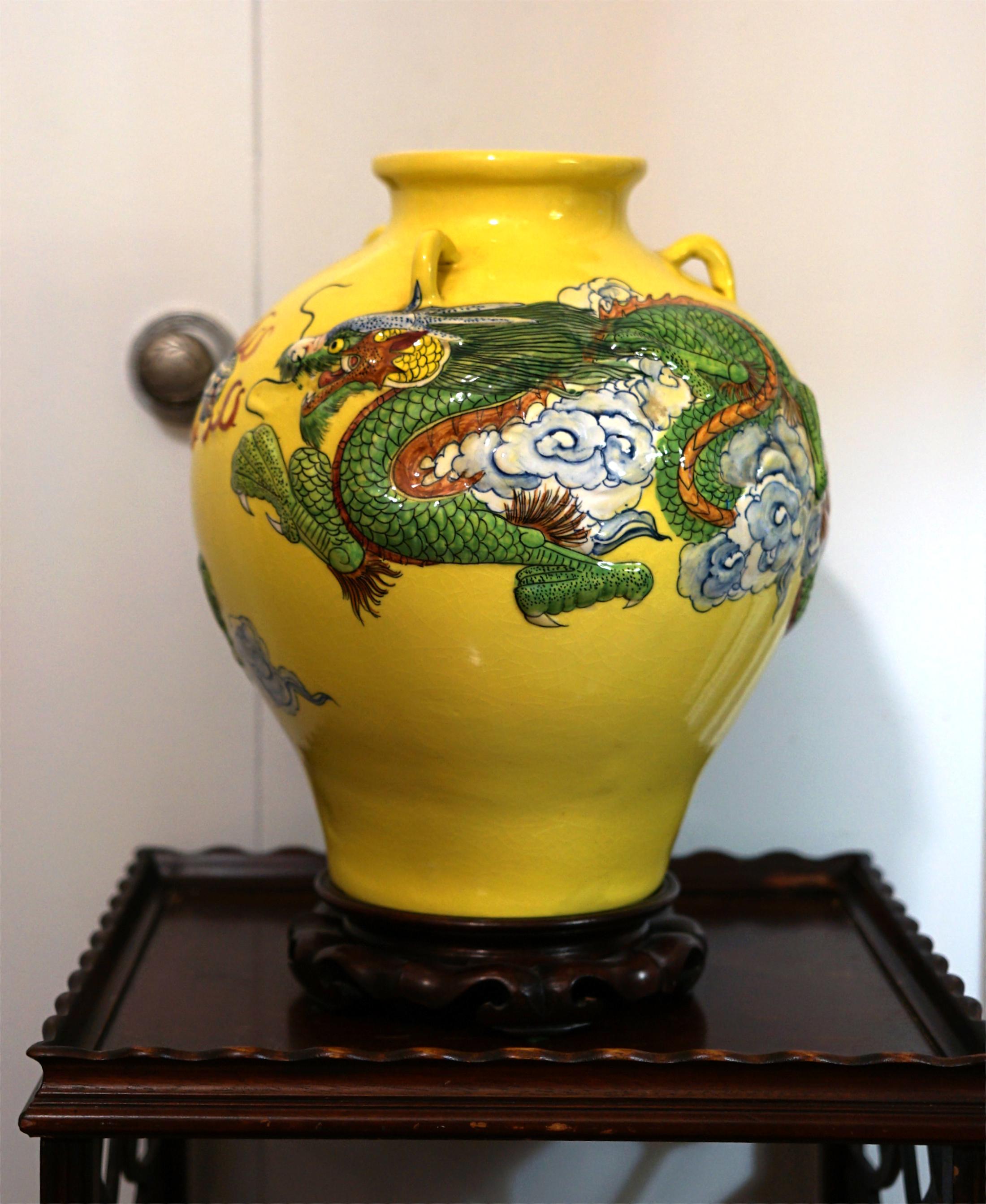Dragon in Flight through Clouds on Large Yellow Jar For Sale 7