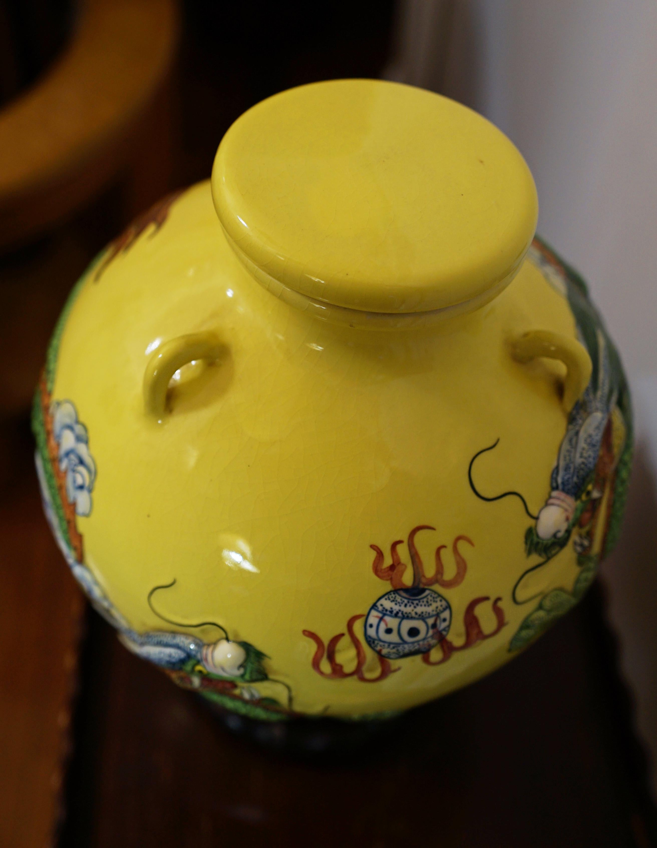 Chinese Dragon in Flight through Clouds on Large Yellow Jar For Sale