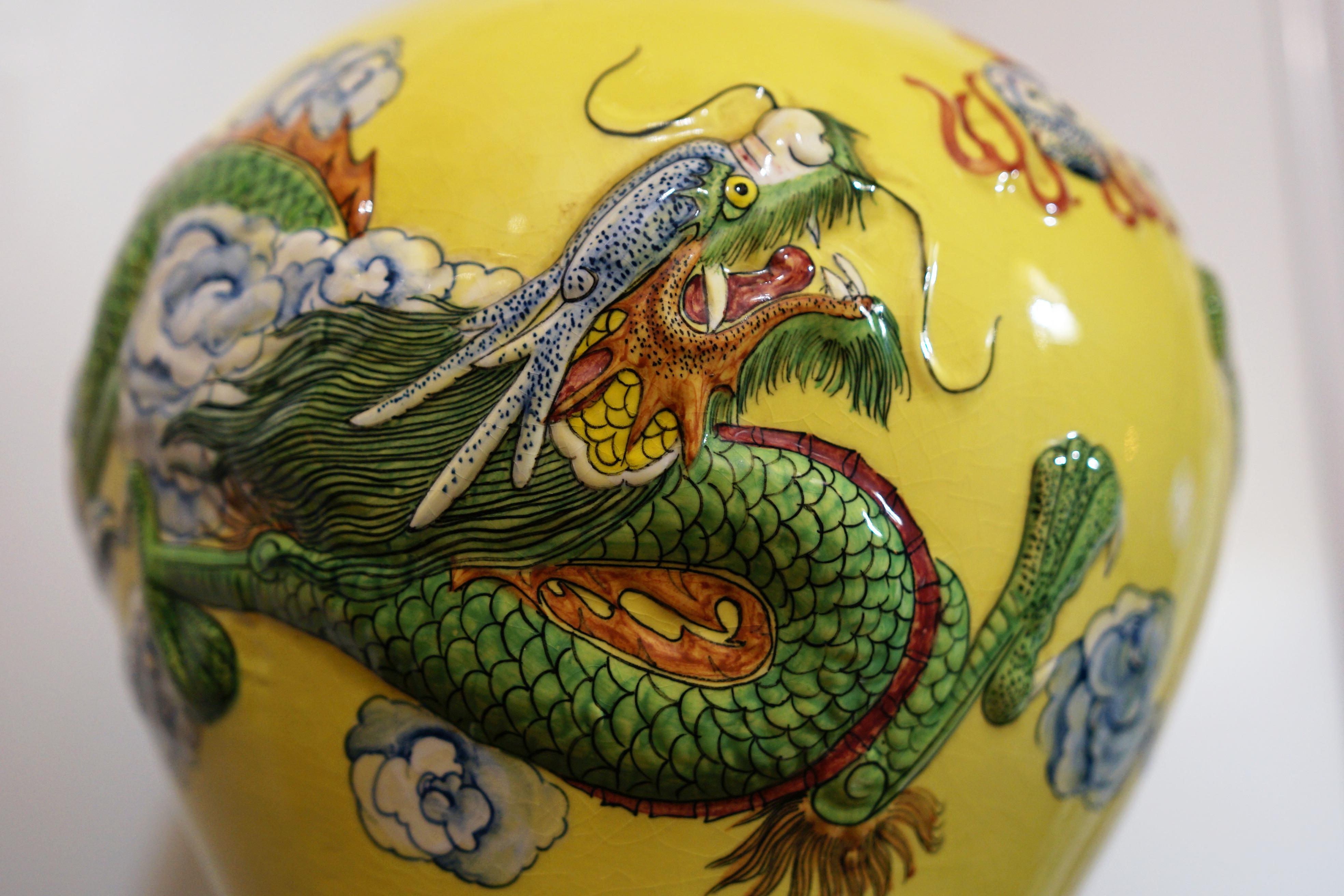 Hand-Crafted Dragon in Flight through Clouds on Large Yellow Jar For Sale
