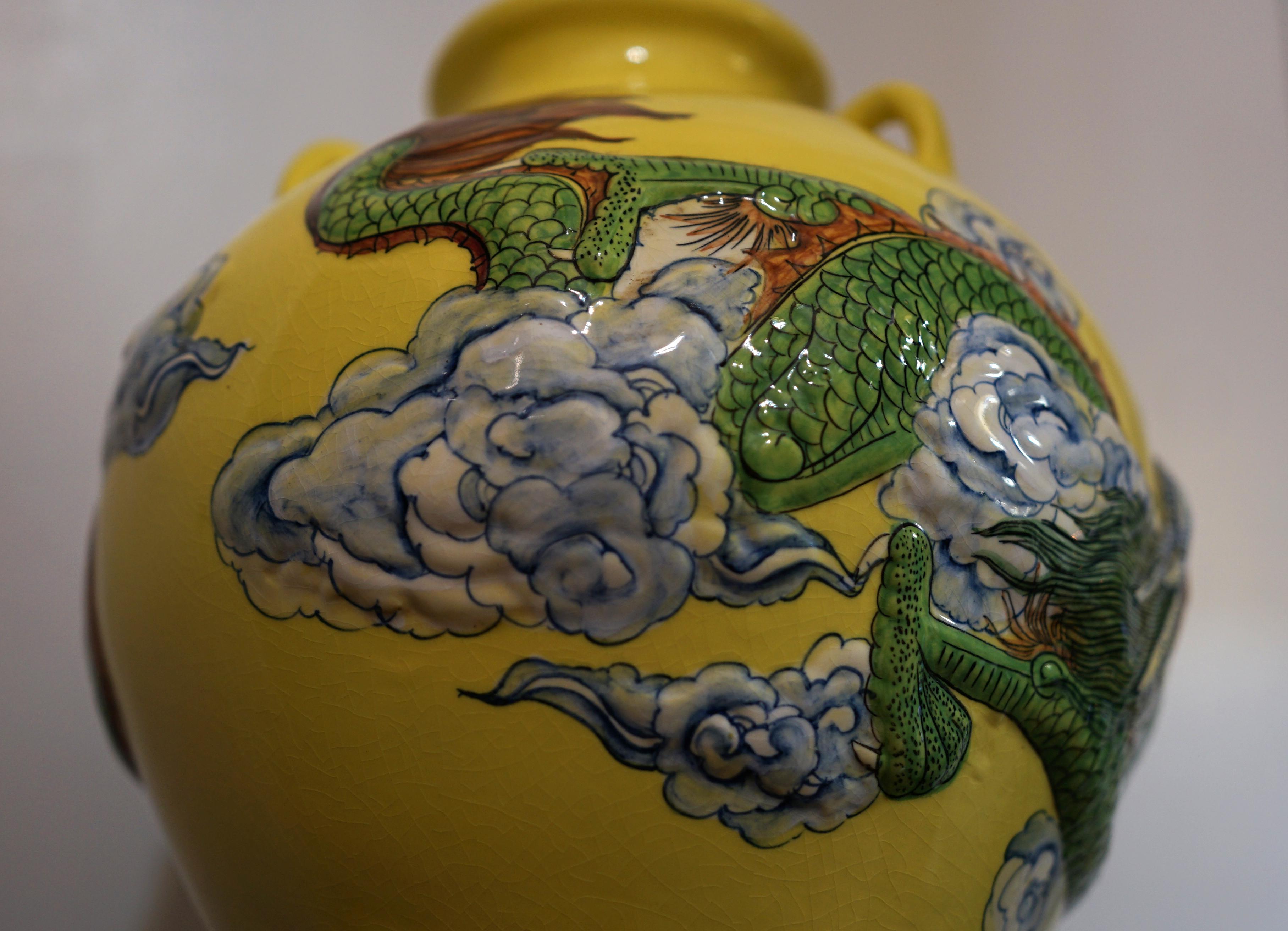 Ceramic Dragon in Flight through Clouds on Large Yellow Jar For Sale