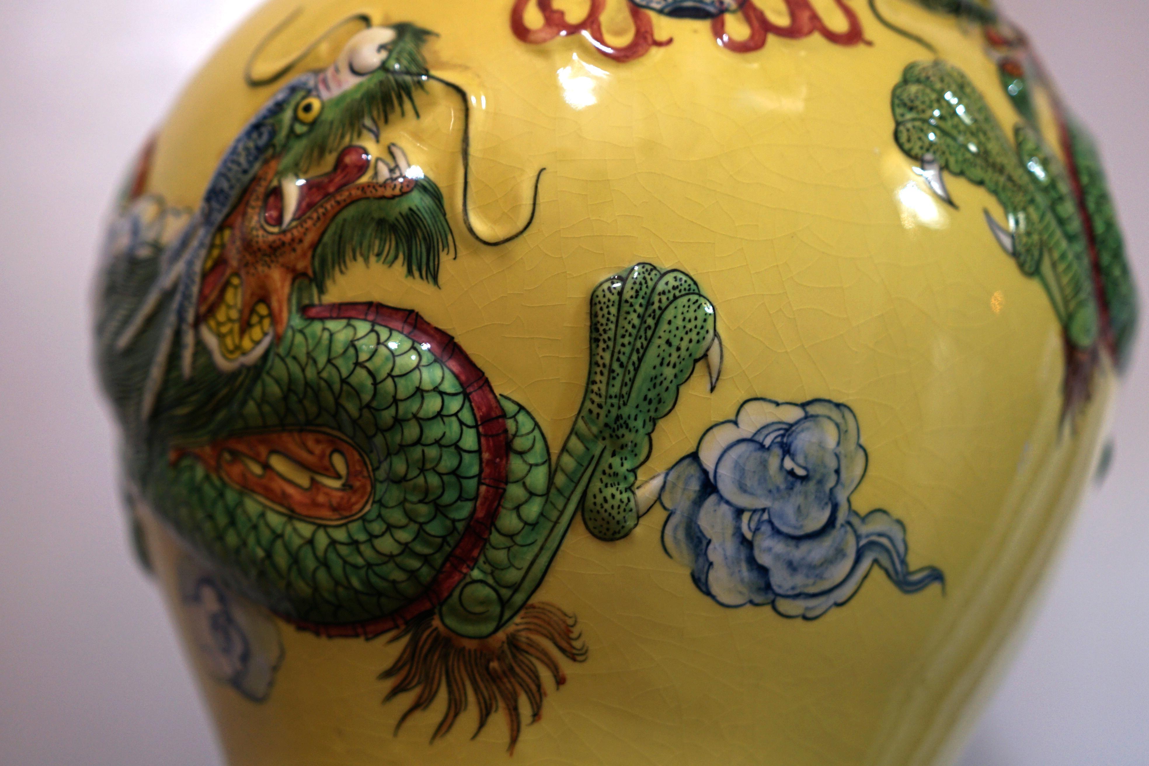 Dragon in Flight through Clouds on Large Yellow Jar For Sale 1
