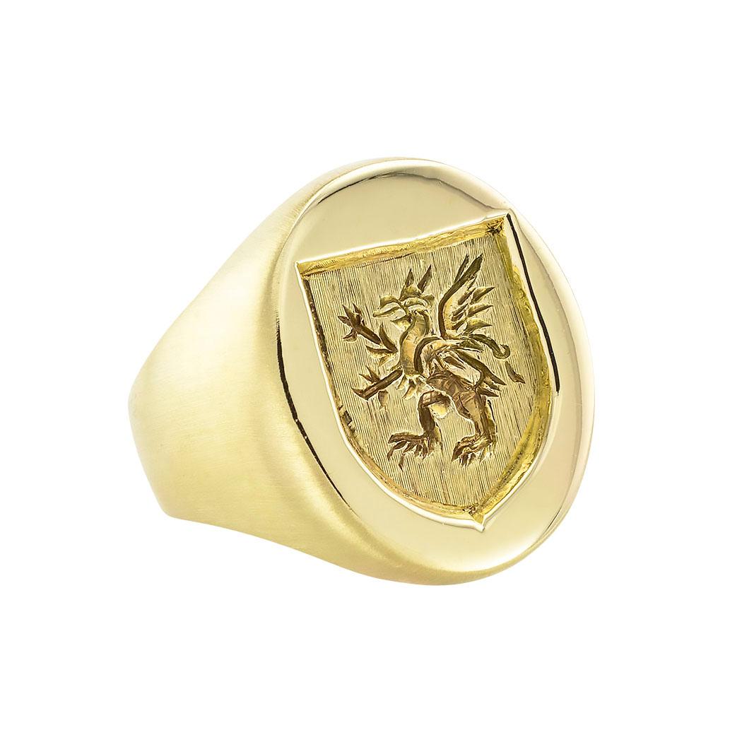 Artisan Dragon Intaglio Crest Yellow Gold Signet Ring