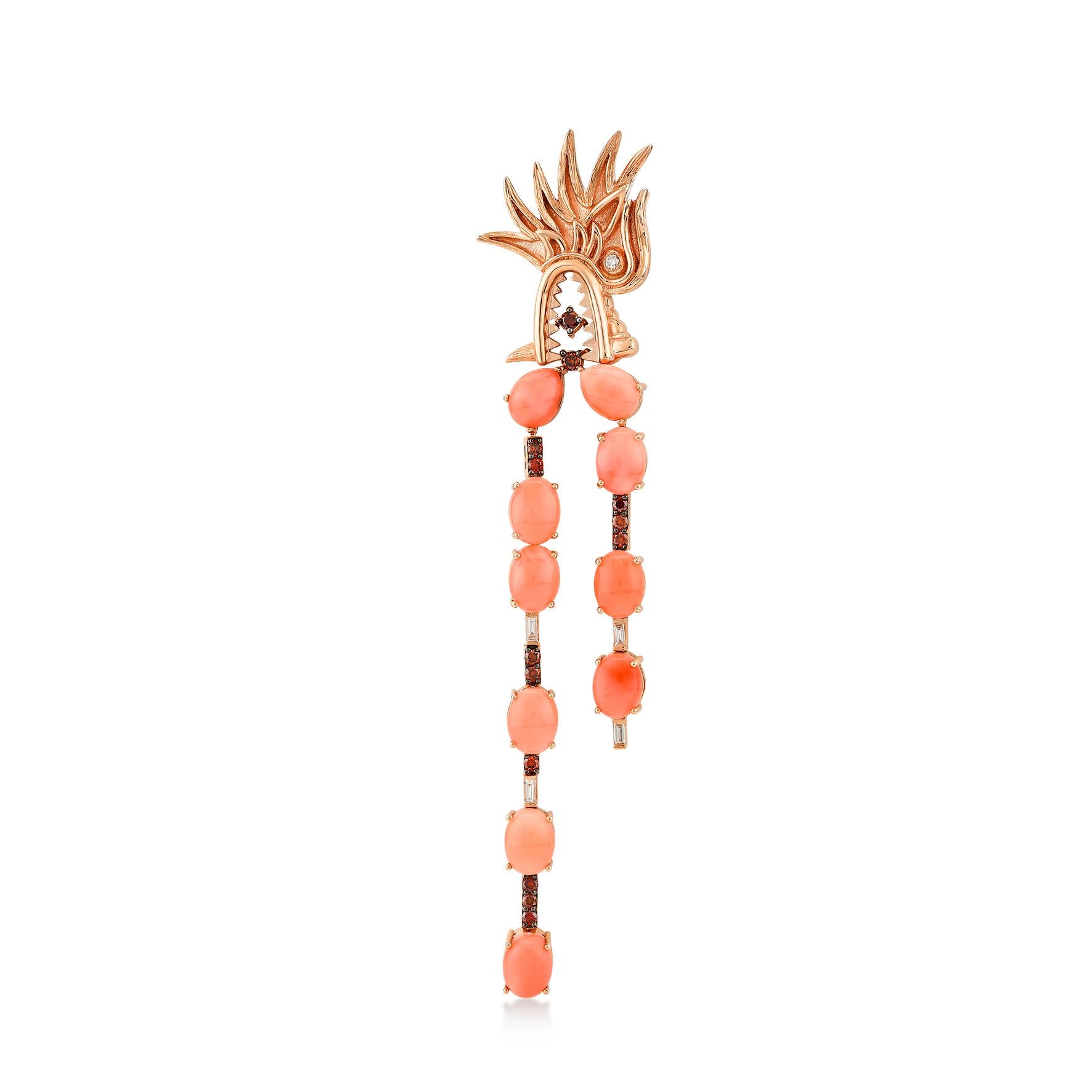Dragon lady coral 14k rose gold long earring (single) by Selda Jewellery

Additional Information:-
Collection: Dragon Lady Collection
14k Rose gold
0.05ct Baguette diamond
0.12ct Baguette diamond
0.02ct White diamond
0.31ct Red diamond
0.08ct Red
