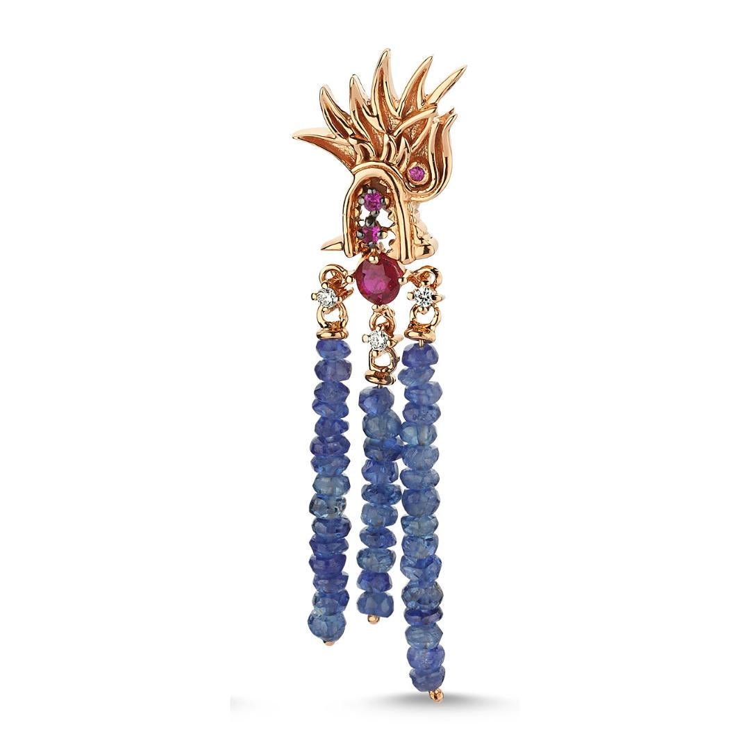 Pendientes Cortos Dama Dragón Rubí y Zafiro con Oro Rosa de 14k de Selda Jewellery Moderno en venta