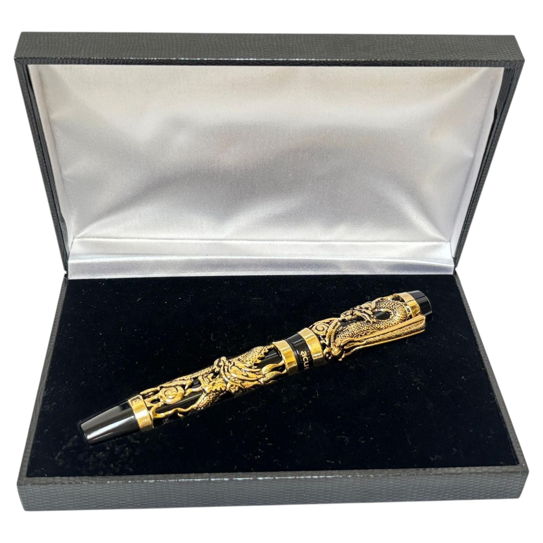 Dragon Motif Fountain Pen, Gold Overlay on Black, Acura, Mint in Box Circa 1990