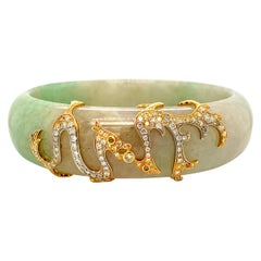 Dragon Motif HKJSL Certified Jade and Diamond Bangle in 18 Karat Gold