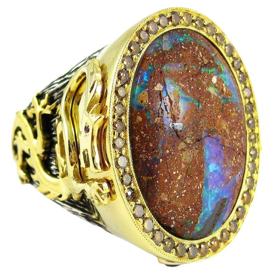 Opal with Orange Diamonds and 18k Gold Dragon Ring For Sale