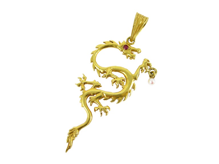 Marquise Cut 18k Gold Dragon Pendant with Ruby Eye For Sale